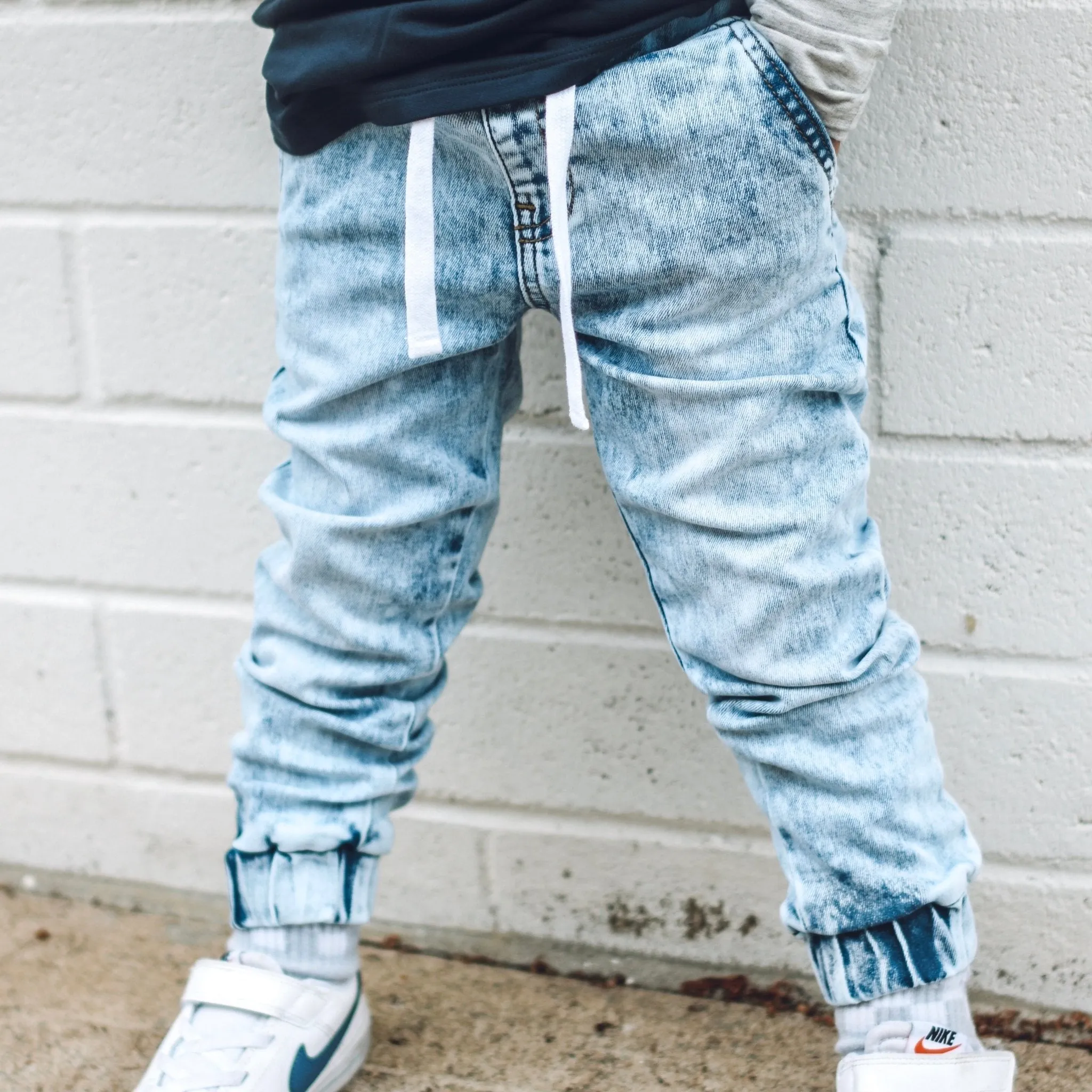 Acid Wash Blue Denim Jogger Pants