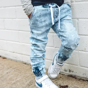 Acid Wash Blue Denim Jogger Pants
