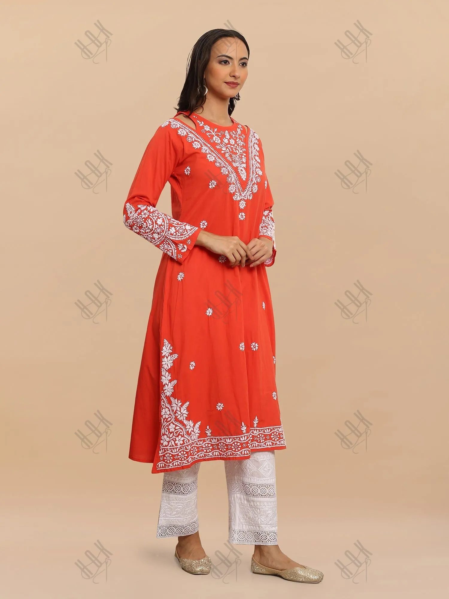 Antara in Saba Chikankari Long kurta in cotton - Red Orange