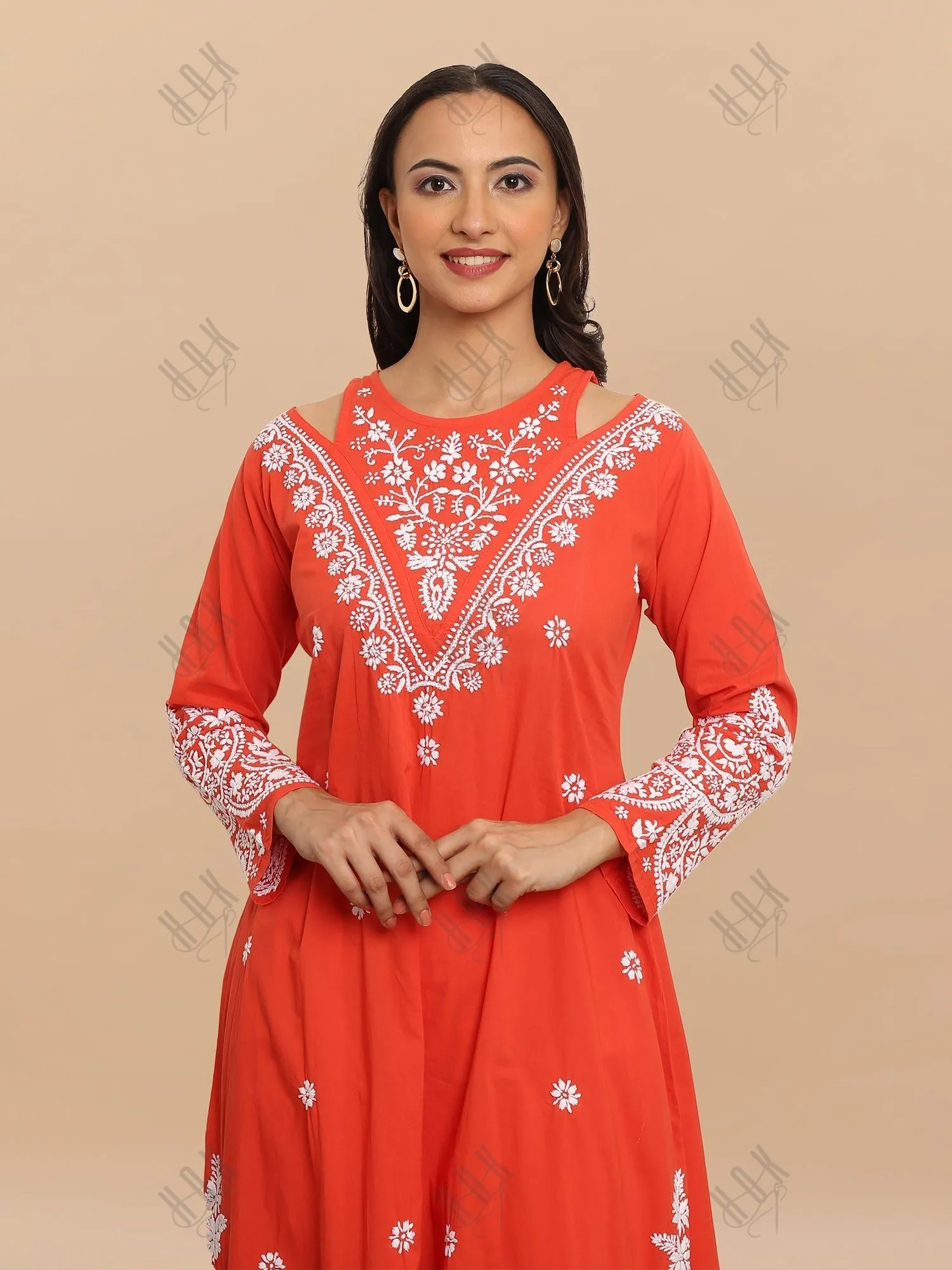 Antara in Saba Chikankari Long kurta in cotton - Red Orange