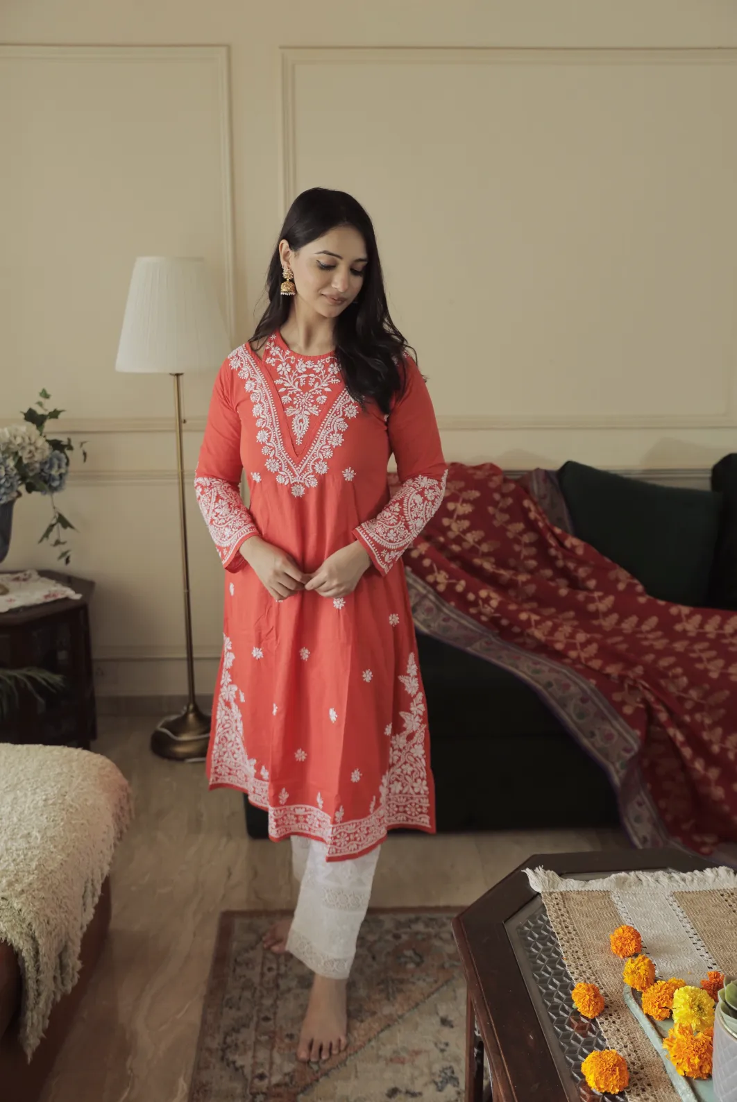 Antara in Saba Chikankari Long kurta in cotton - Red Orange