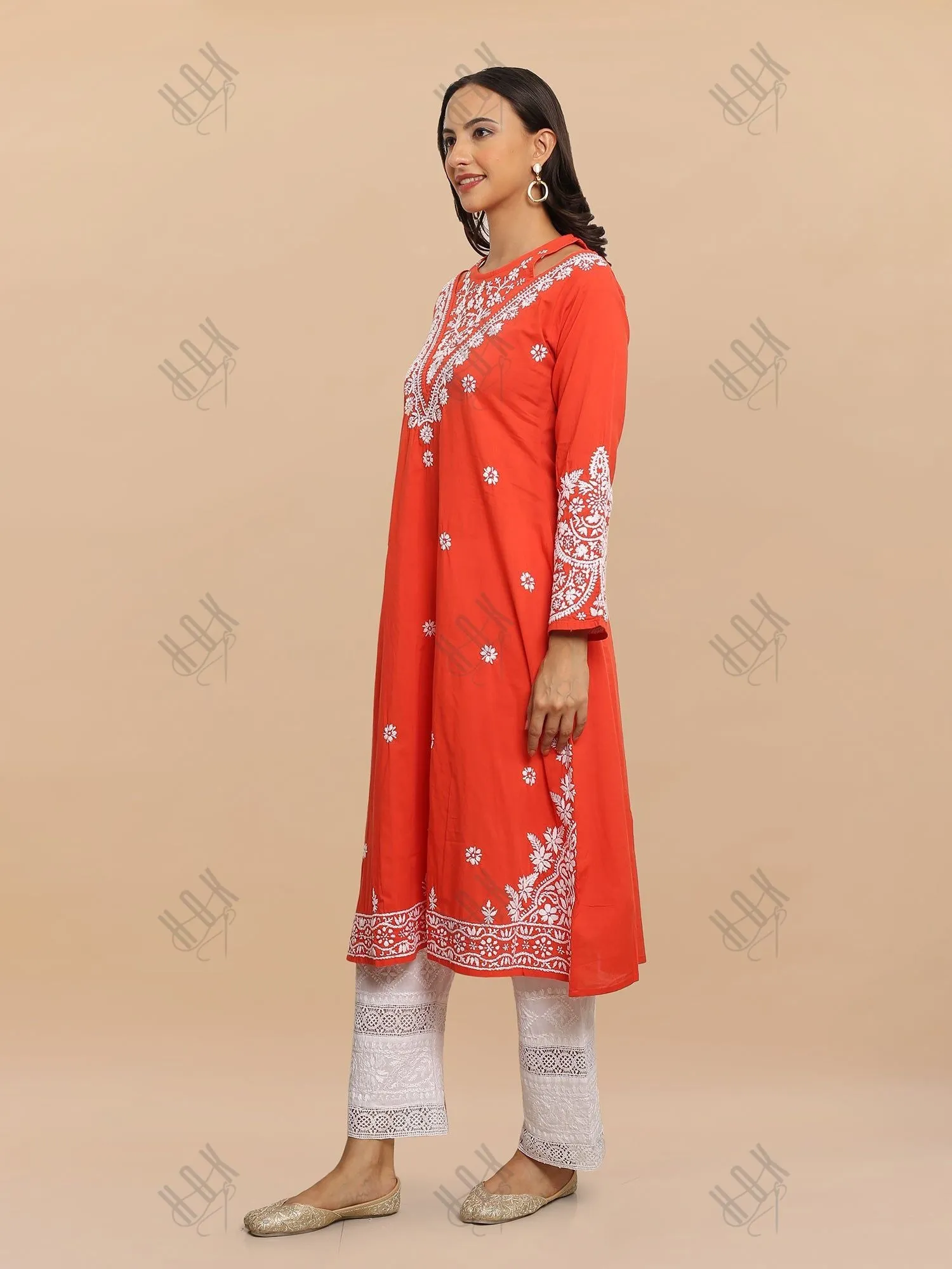 Antara in Saba Chikankari Long kurta in cotton - Red Orange