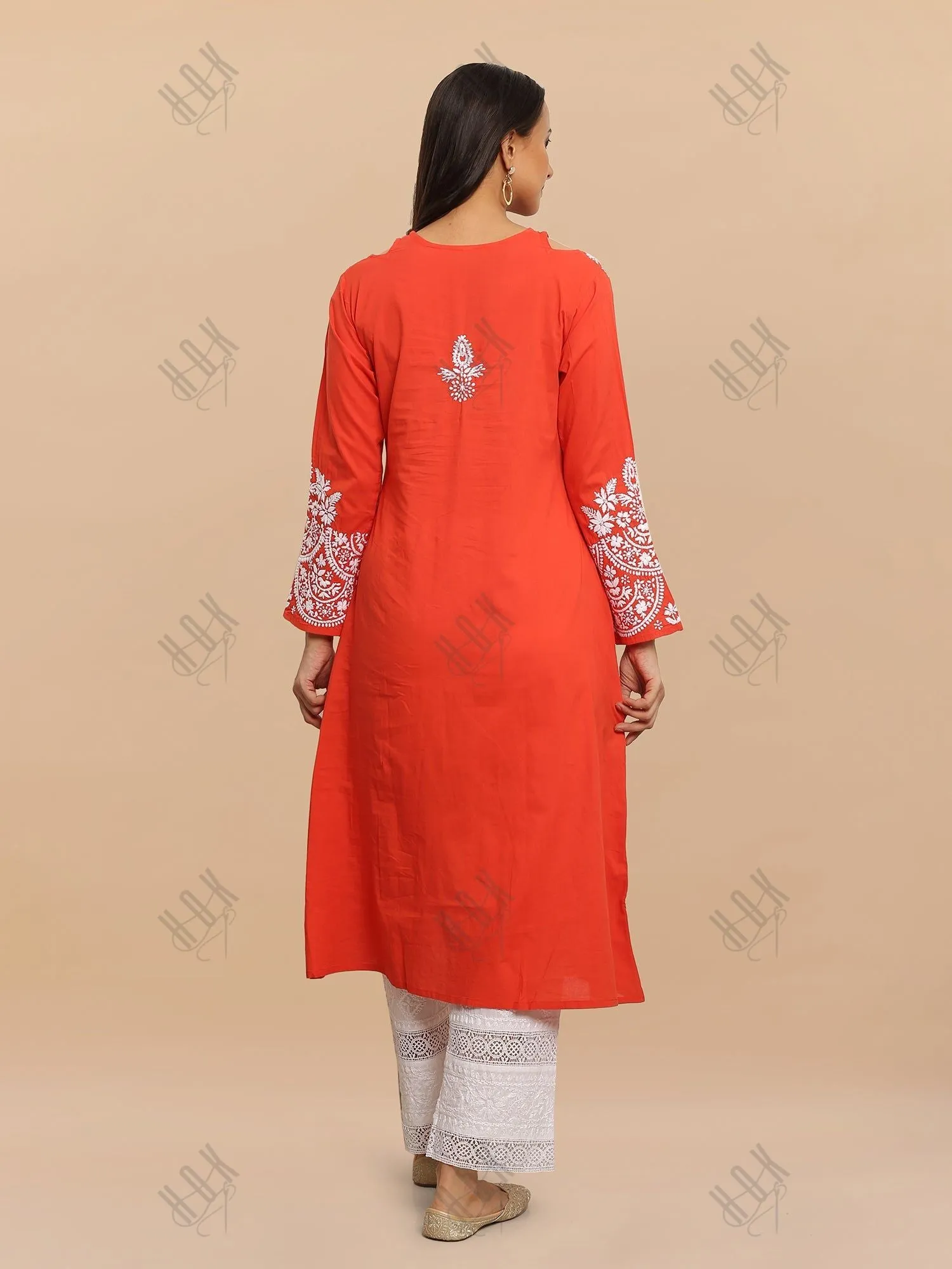 Antara in Saba Chikankari Long kurta in cotton - Red Orange