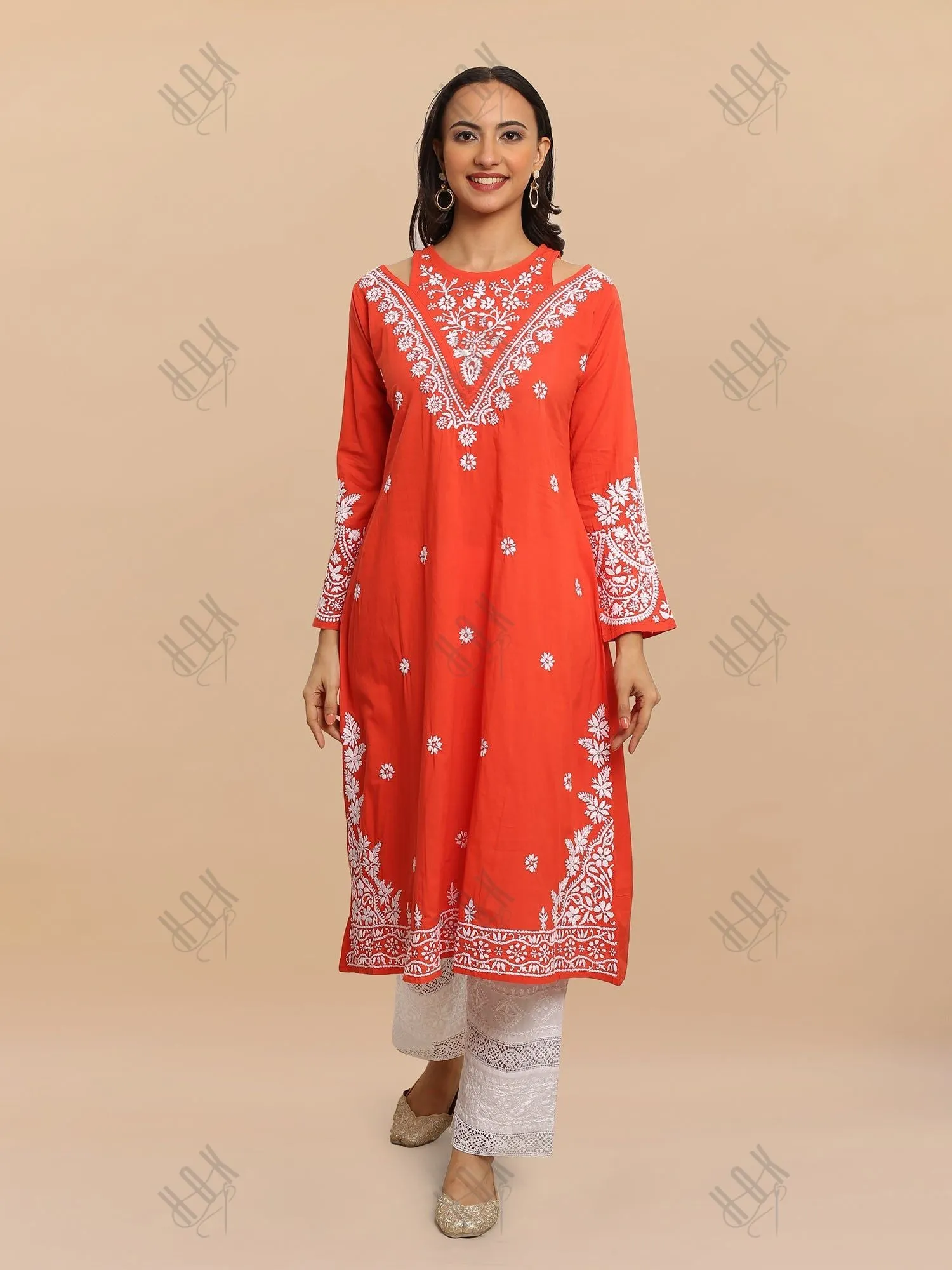 Antara in Saba Chikankari Long kurta in cotton - Red Orange
