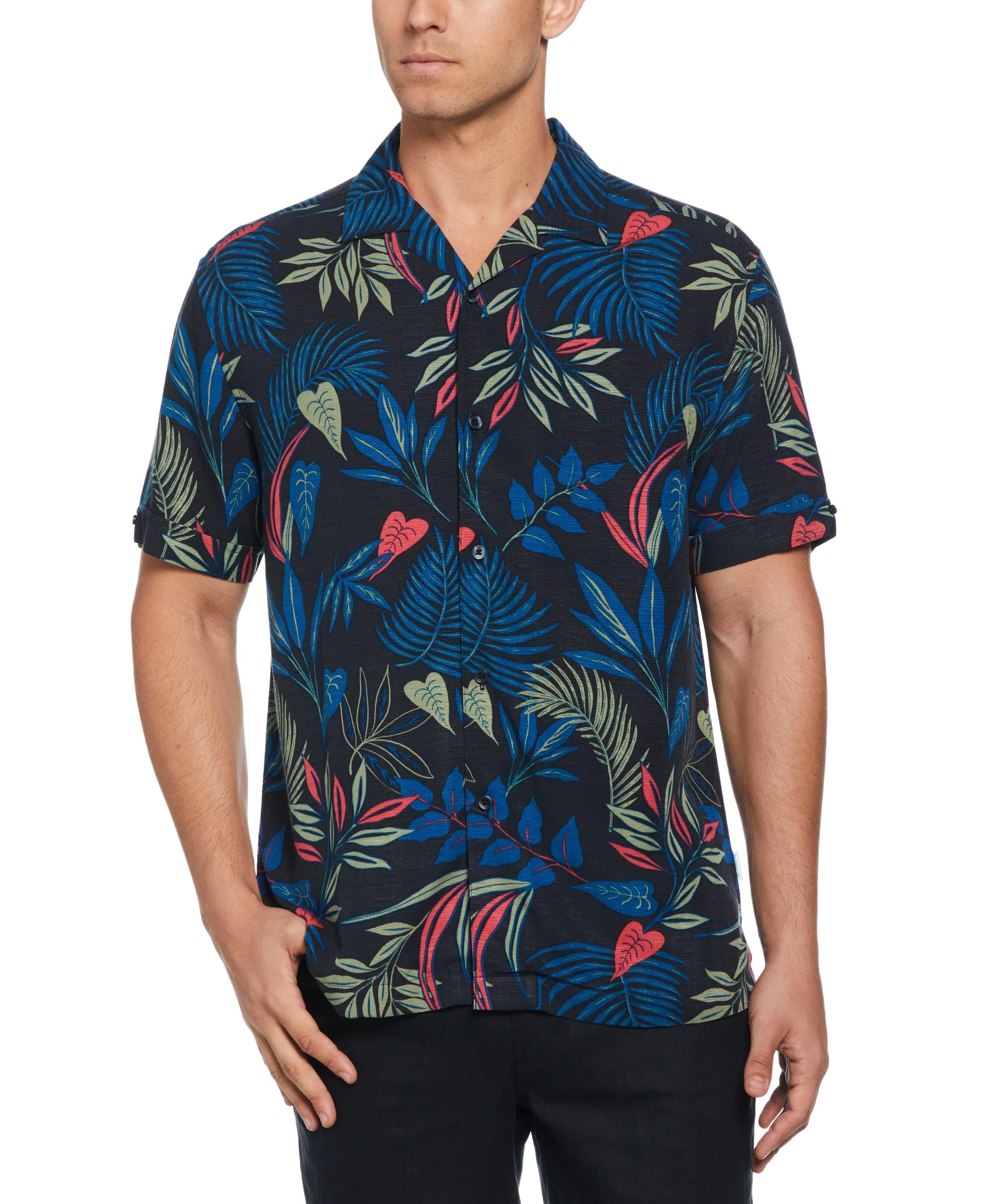Big & Tall Textured Tropical Print Cuban Collar Shirt