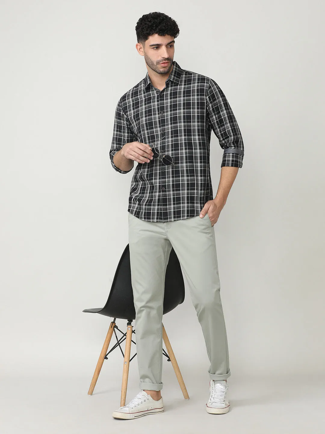 Black Fine Twill Checks Shirt