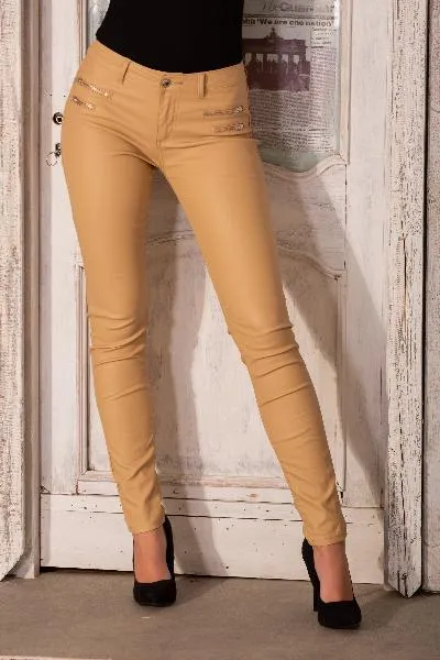 CamelVibe Faux Leather Trousers with Zipper Accents