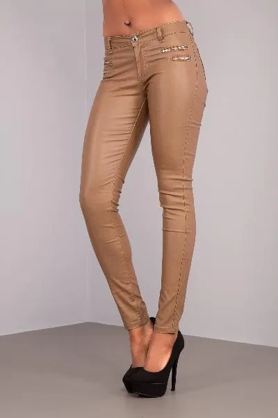 CamelVibe Faux Leather Trousers with Zipper Accents