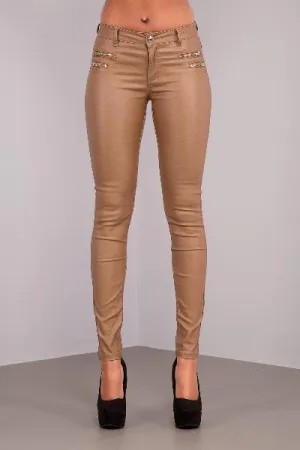 CamelVibe Faux Leather Trousers with Zipper Accents