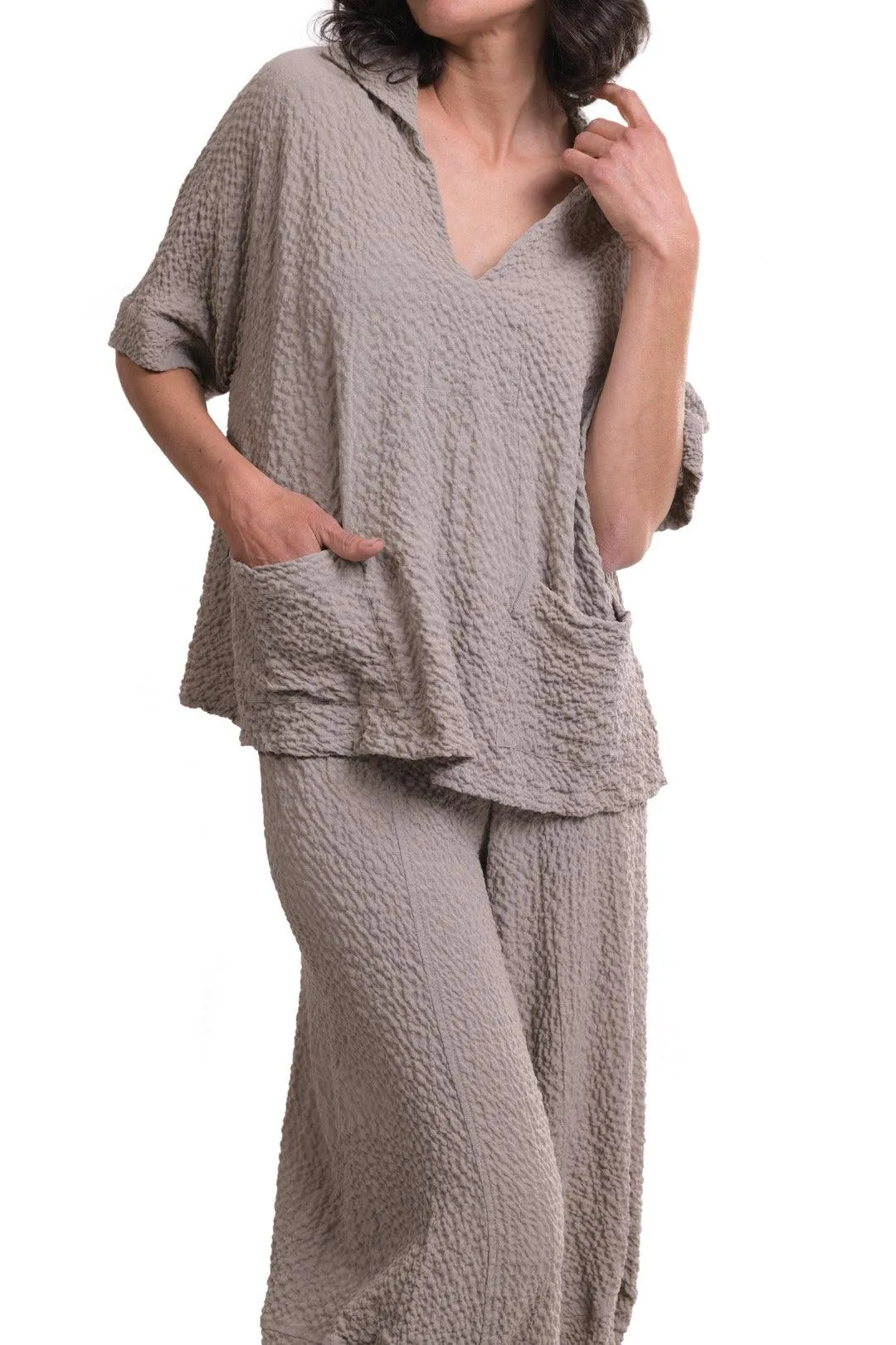 Crepe Polo Top, Stone