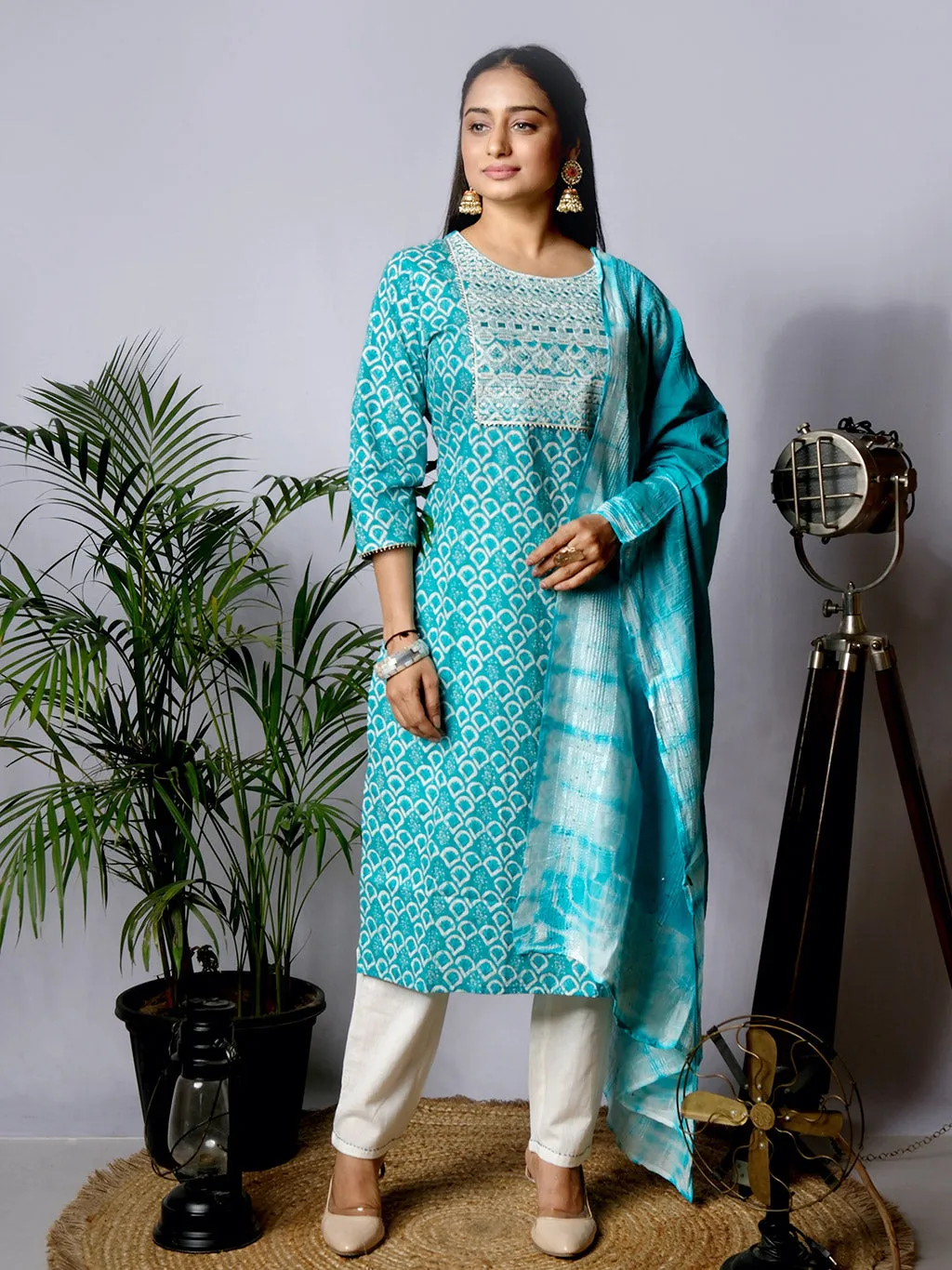 Ekisha's women printed rama embroidered cotton kurta and pant set with dupatta