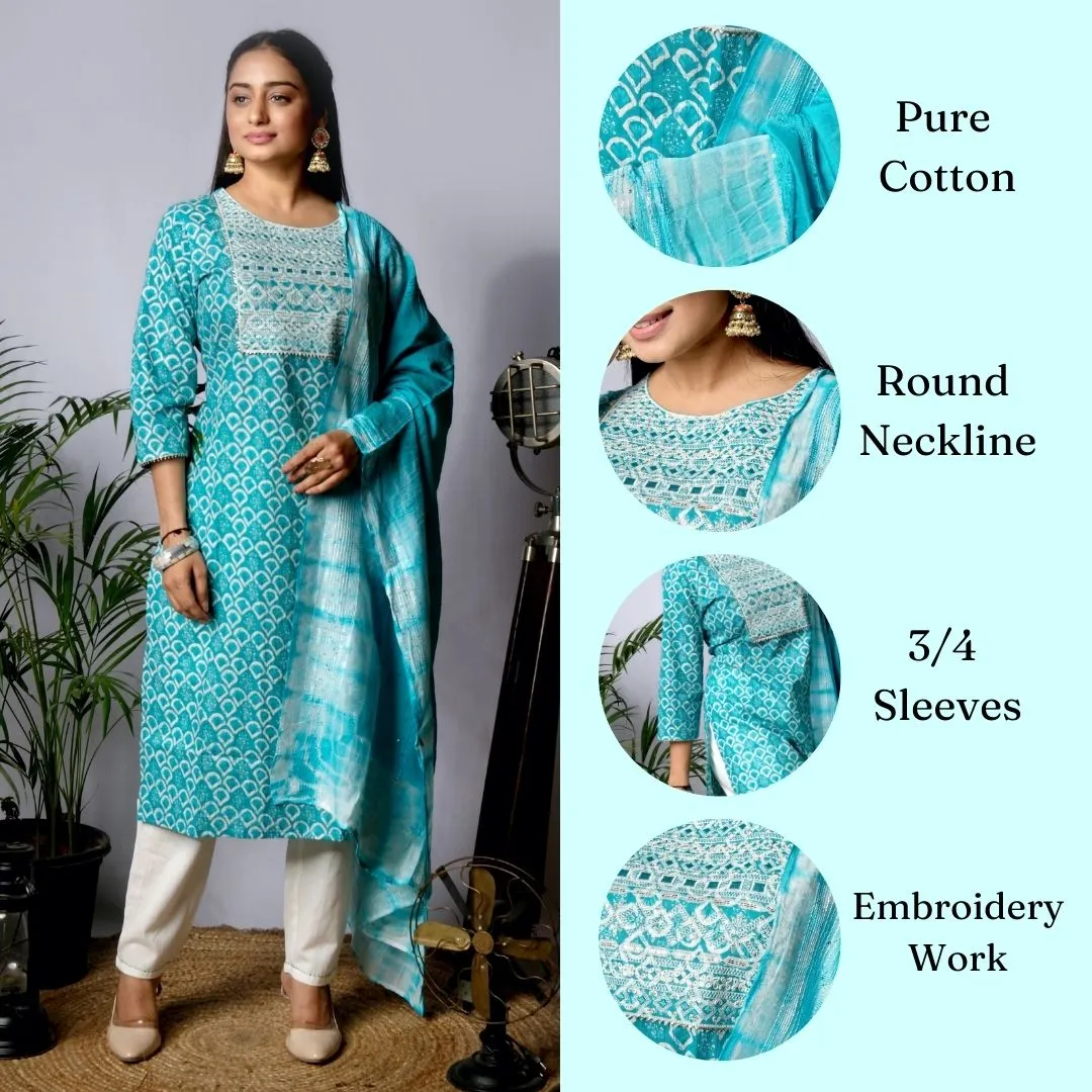 Ekisha's women printed rama embroidered cotton kurta and pant set with dupatta
