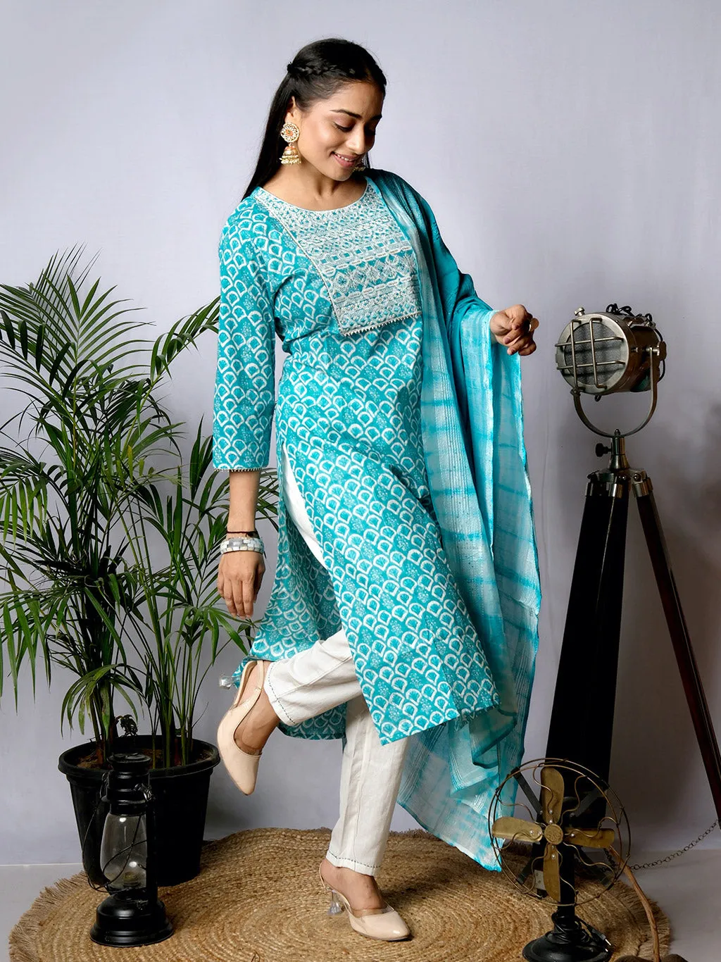 Ekisha's women printed rama embroidered cotton kurta and pant set with dupatta