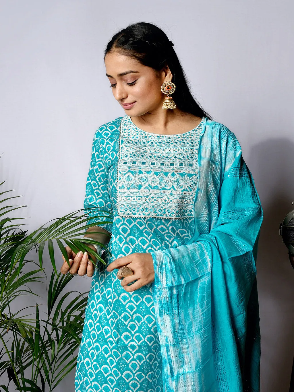 Ekisha's women printed rama embroidered cotton kurta and pant set with dupatta