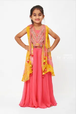 Girls Elegant Crop Top and Palazzo Pant with Flowy Overcoat Set