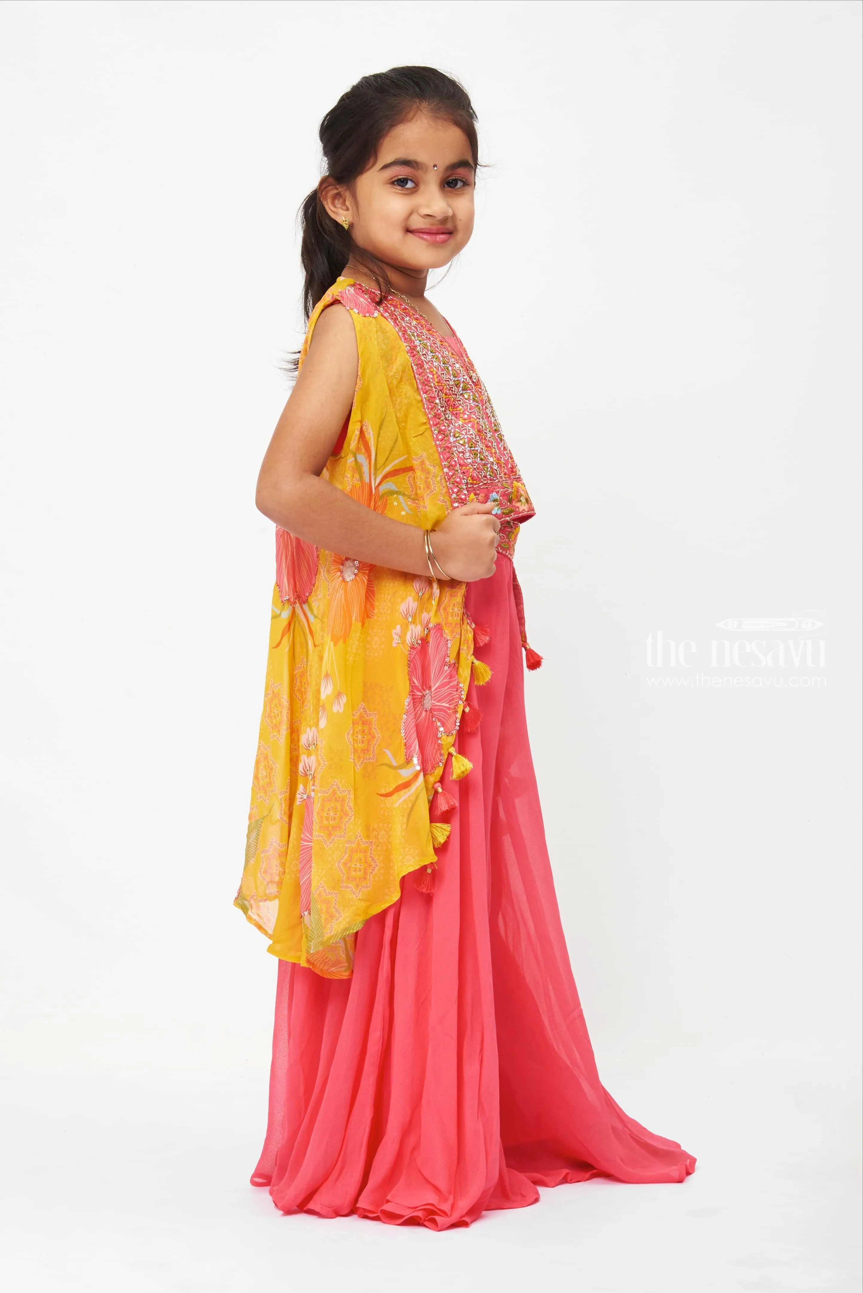 Girls Elegant Crop Top and Palazzo Pant with Flowy Overcoat Set