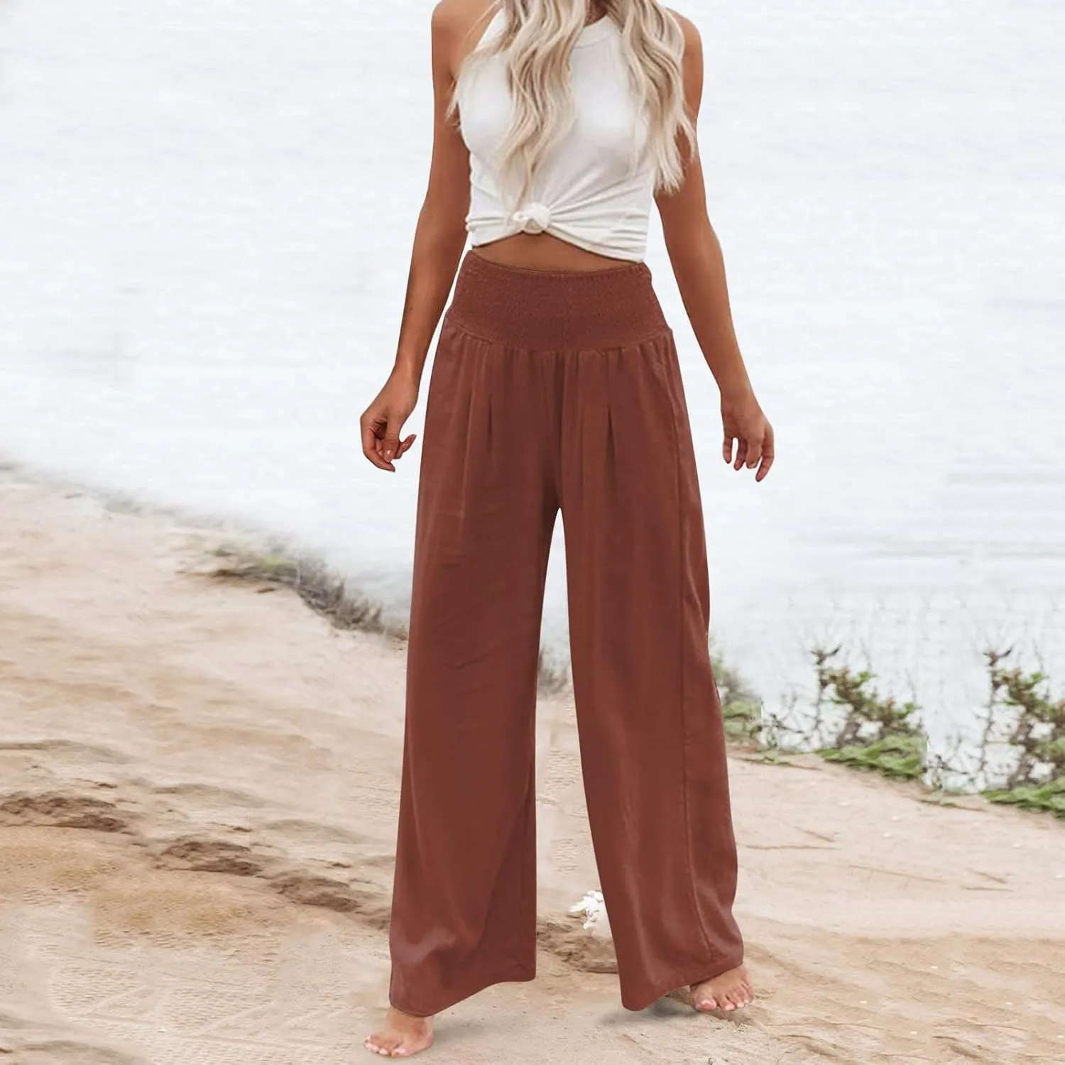 Linen Pants for Women 2024 Summer Plus Size Wide Leg Palazzo Casual Pant Loose Comfy Trendy Boho Beach Trousers with Pockets