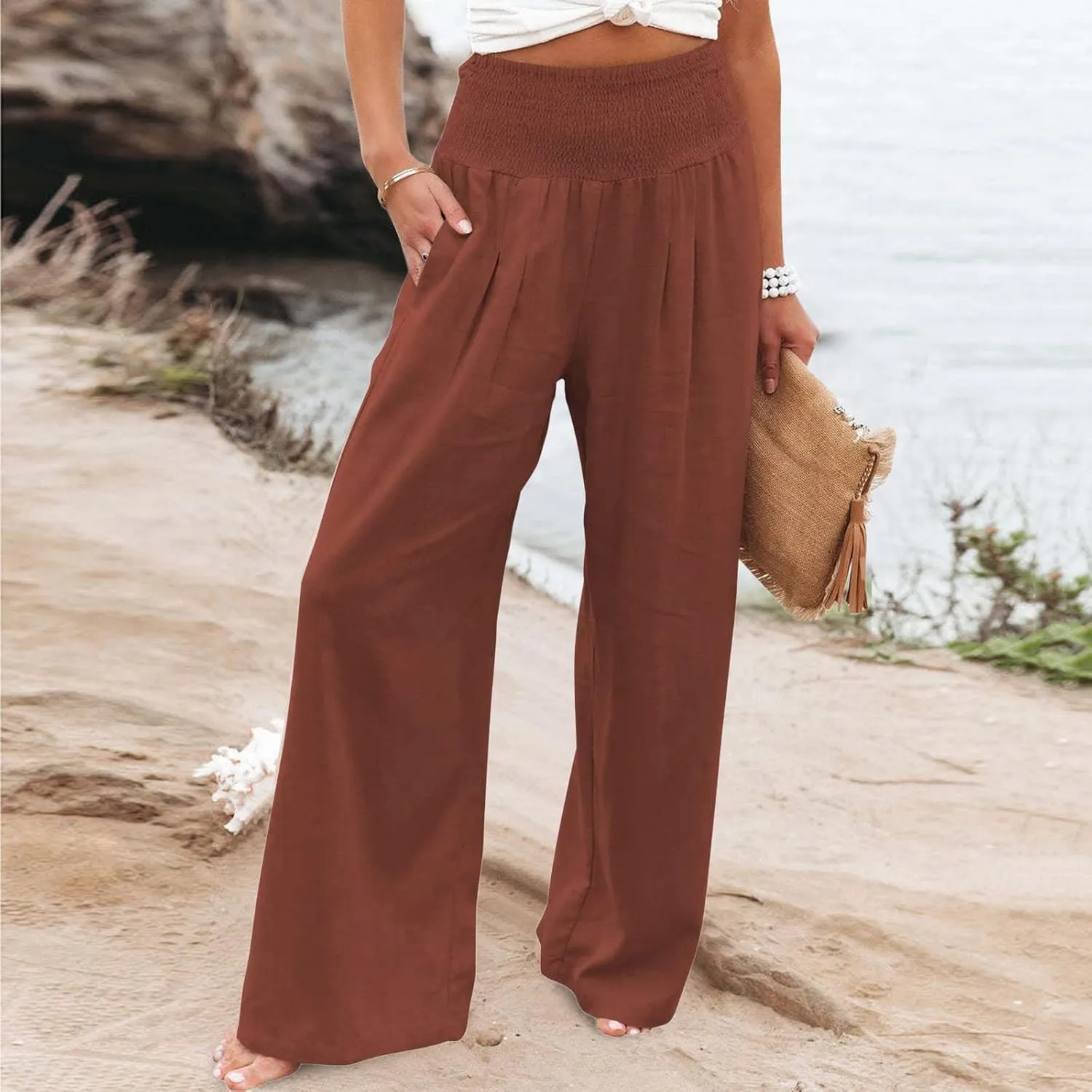 Linen Pants for Women 2024 Summer Plus Size Wide Leg Palazzo Casual Pant Loose Comfy Trendy Boho Beach Trousers with Pockets