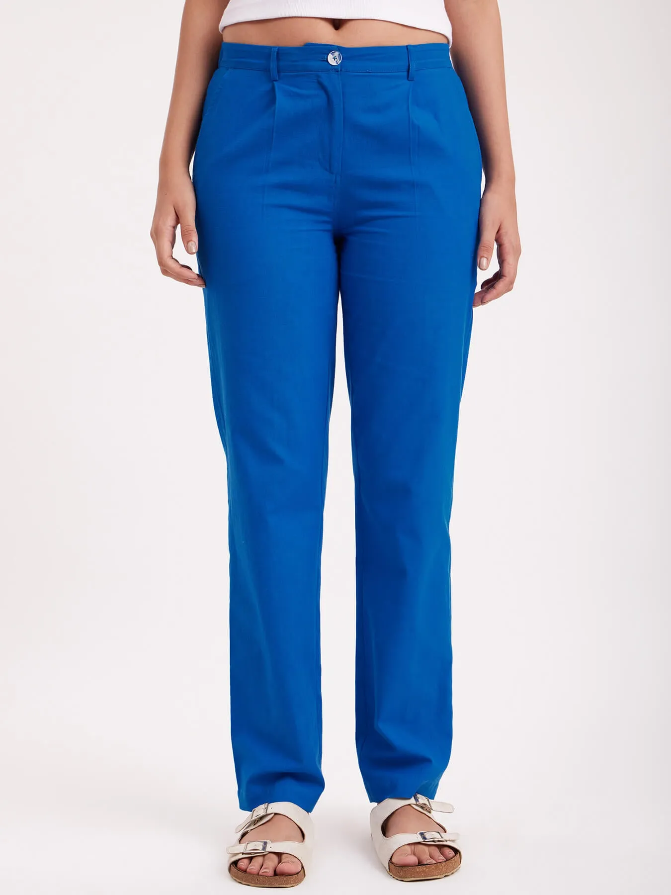 Linen Straight Fit Trousers - Royal Blue