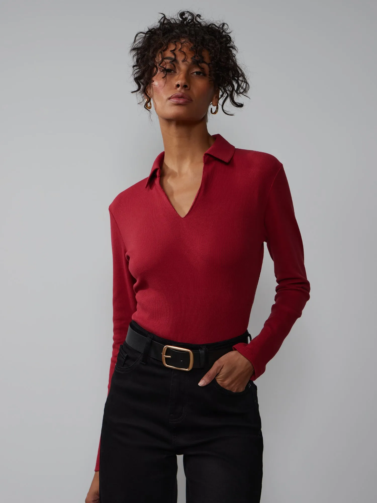 Long Sleeve Collared Ribbed Bodysuit