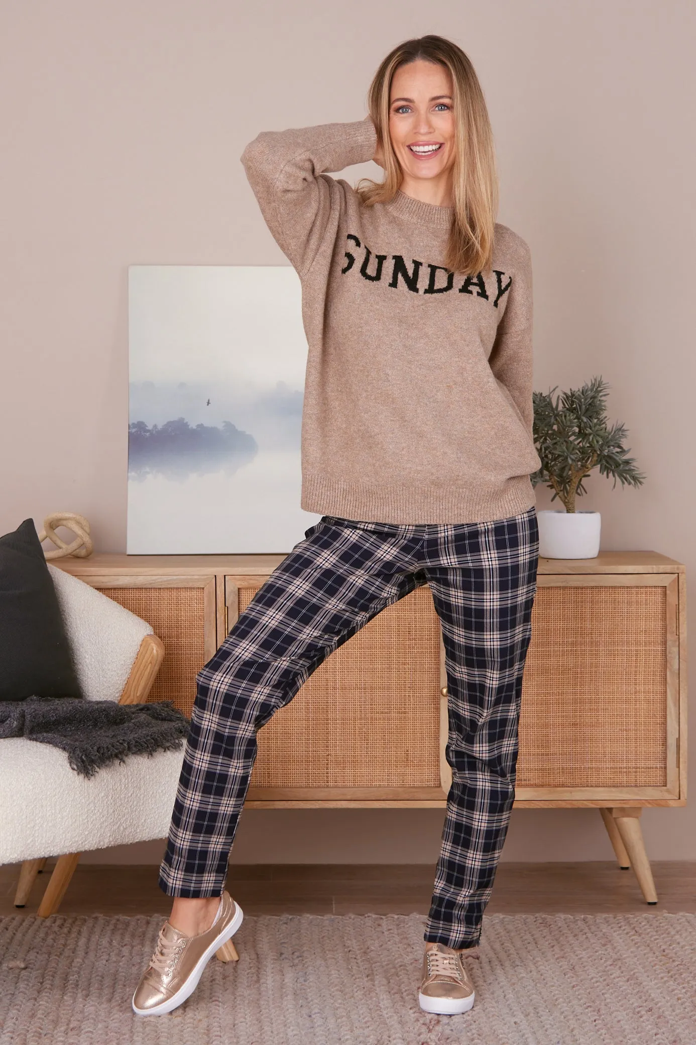 Lynne Pants - Navy/Beige Check