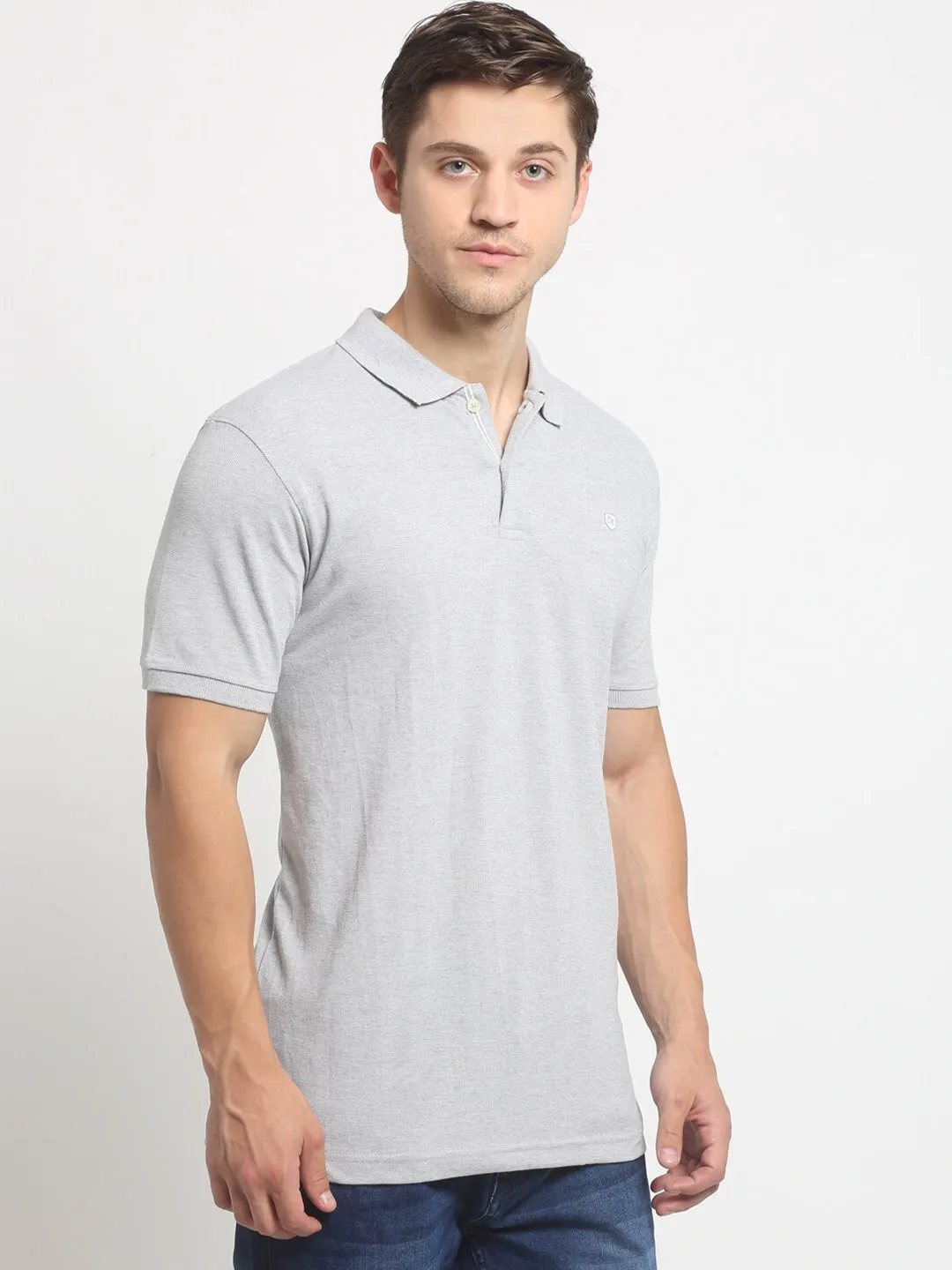 Men Grey Casual Polo Neck T-Shirt