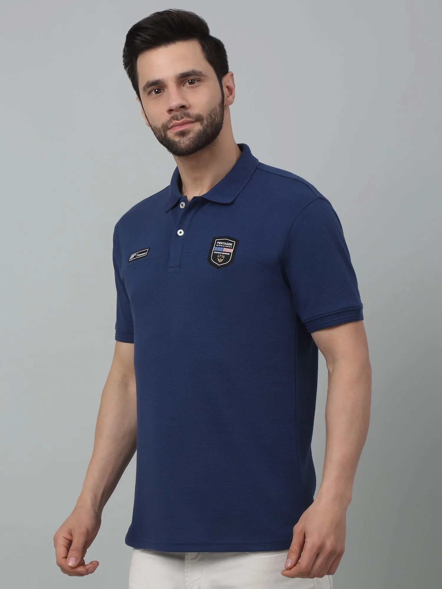Men's Airforce Blue Polo neck Half Sleeve T-Shirt with cut n sew