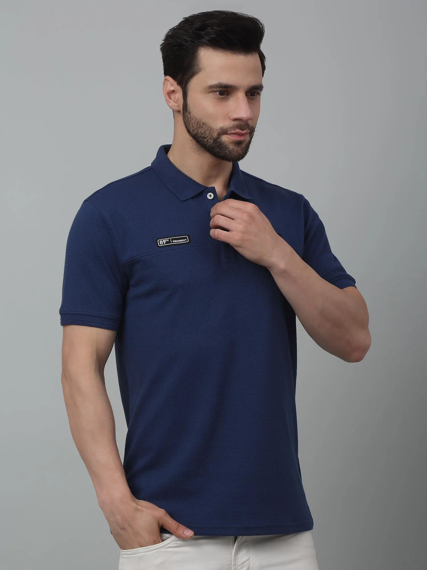 Men's Airforce Blue Polo neck Half Sleeve T-Shirt with cut n sew
