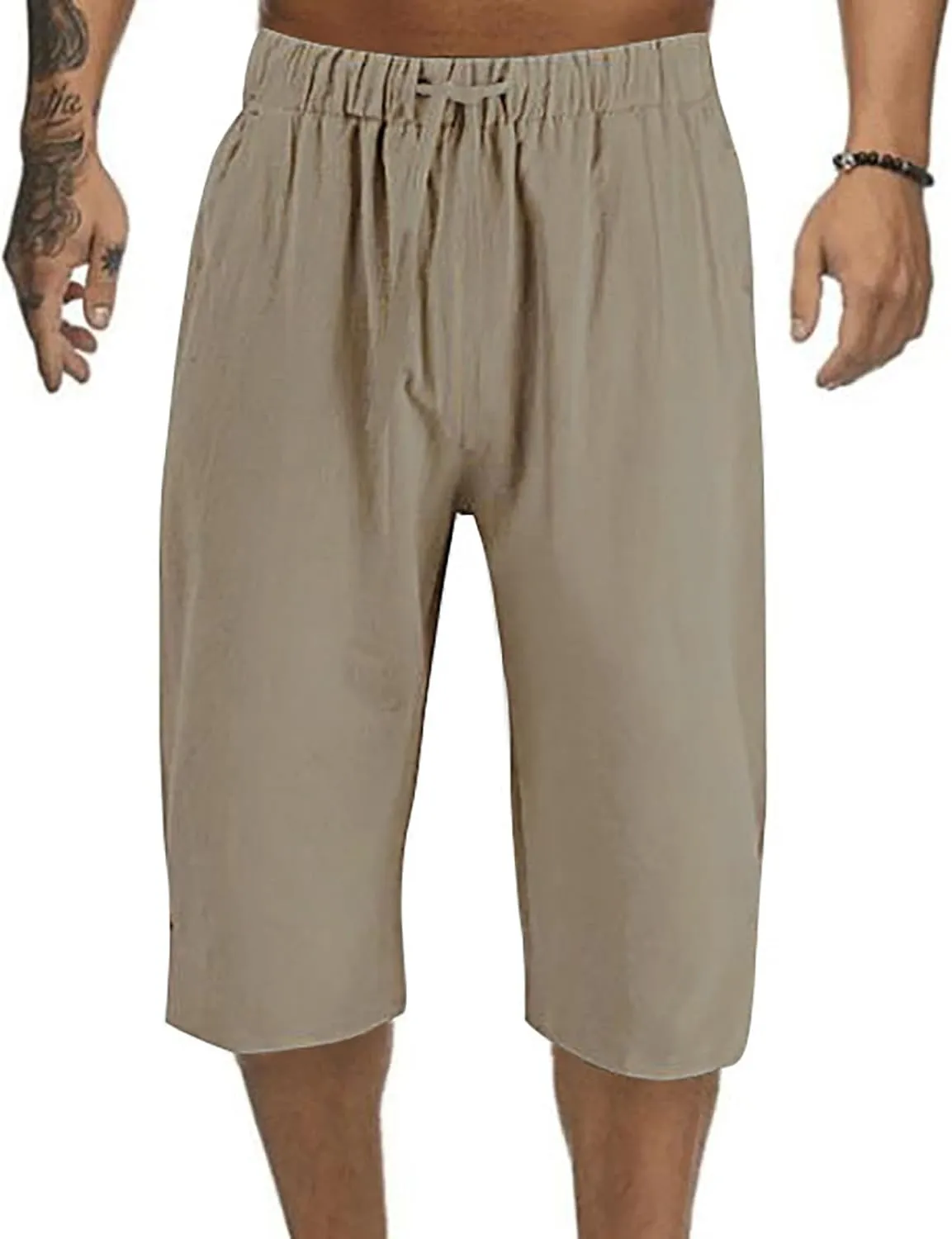 Mens Capri Baggy Harem Pants, Casual Linen Pants, Beach Summer Elastic Waist Drawstring Lightweight Linen Short Trousers