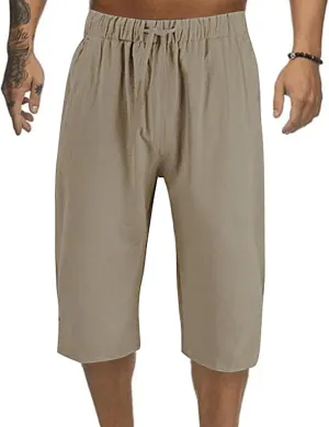 Mens Capri Baggy Harem Pants, Casual Linen Pants, Beach Summer Elastic Waist Drawstring Lightweight Linen Short Trousers