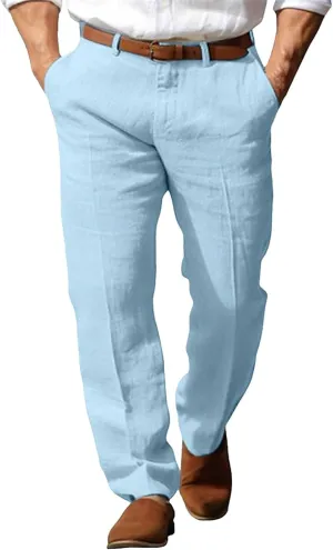 Mens Cotton Linen Pants Tall Classic Flat Front Chino Pants Casual Lightweight Straight Leg Summer Beach Trousers