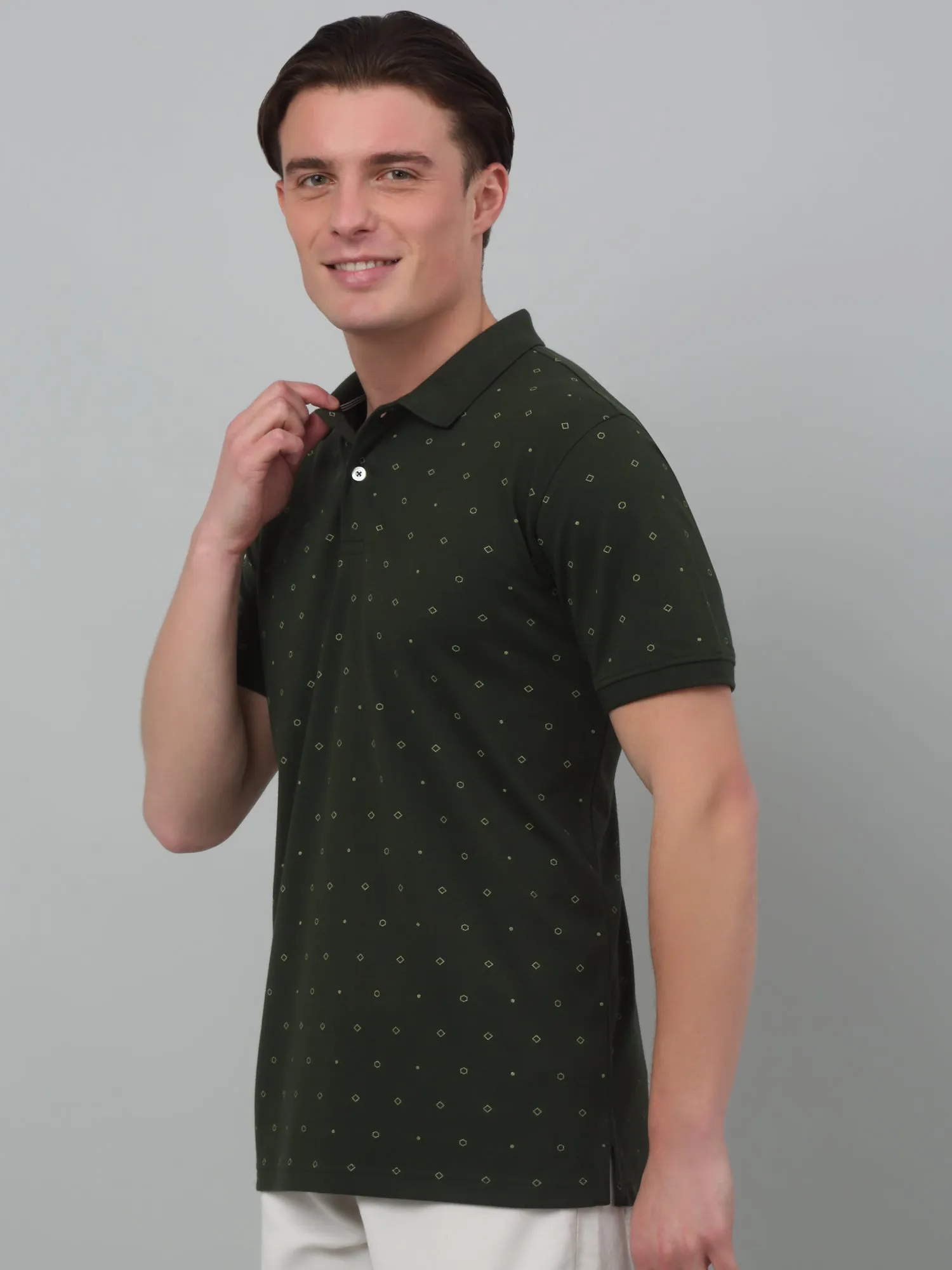 Men's Green All over print Polo neck Half Sleeve T-Shirt