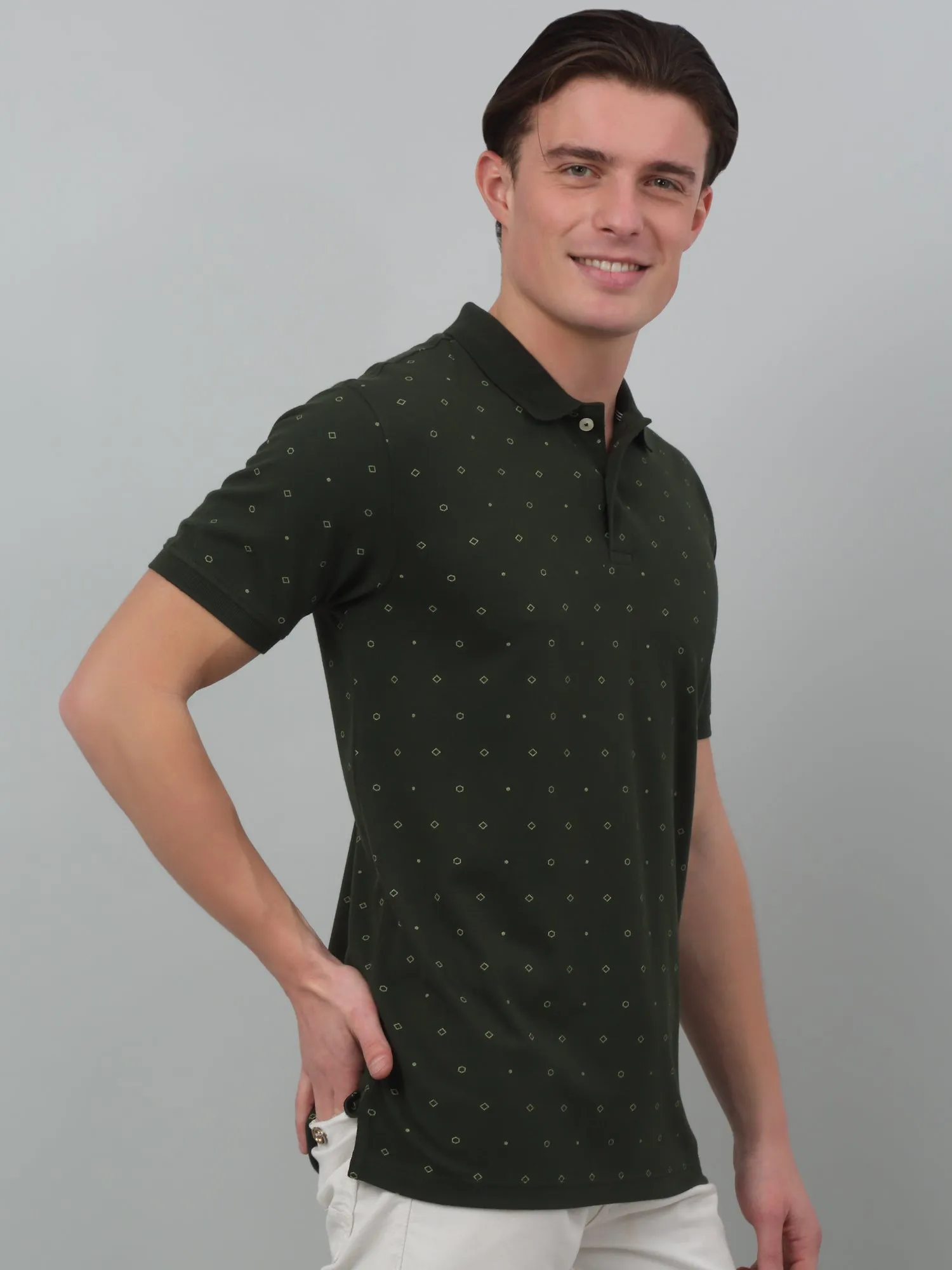 Men's Green All over print Polo neck Half Sleeve T-Shirt