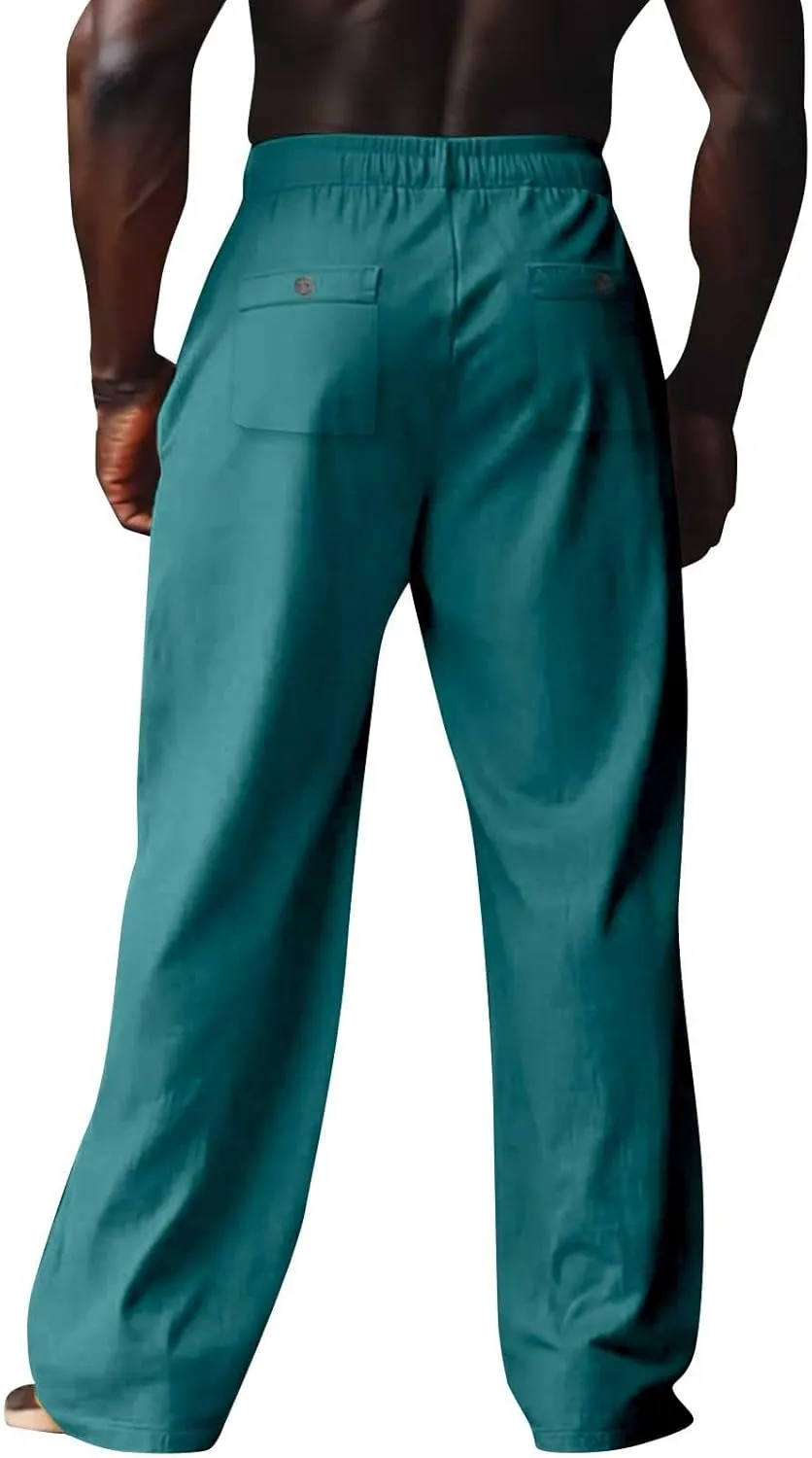 Mens Linen Pants Casual Drawstring Elastic Waist Yoga Pant Summer Lightweight Baggy Straight Leg Beach Loose Trousers
