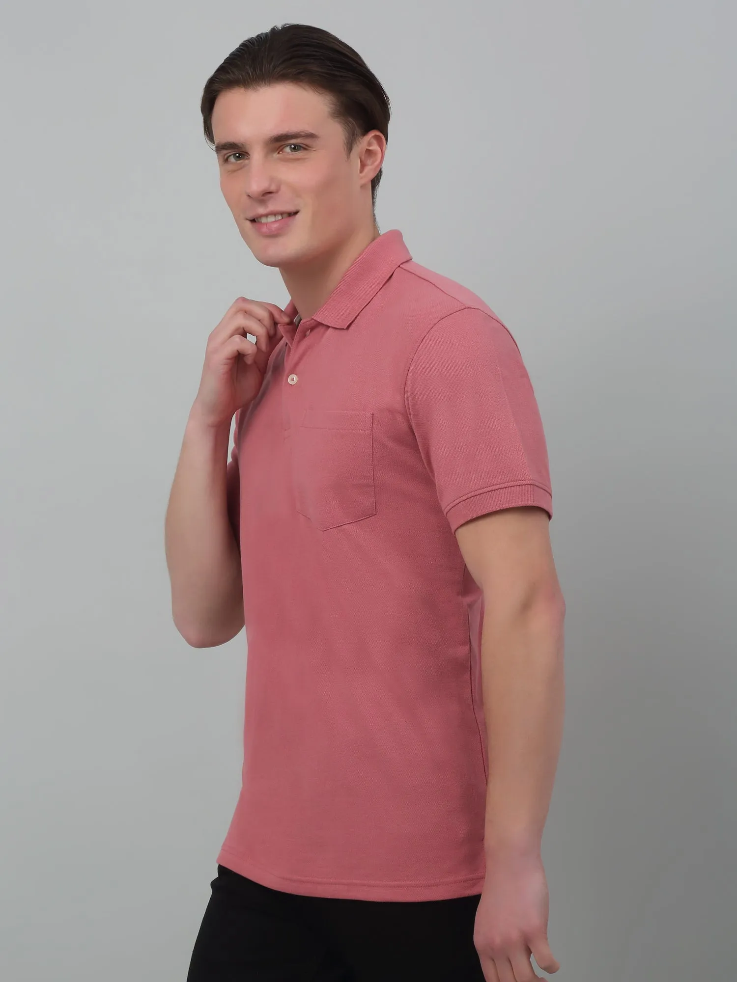 Men's Pink  Polo neck Half Sleeve T-Shirt with chest pocket
