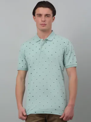 Men's Pista Green All over print Polo neck Half Sleeve T-Shirt