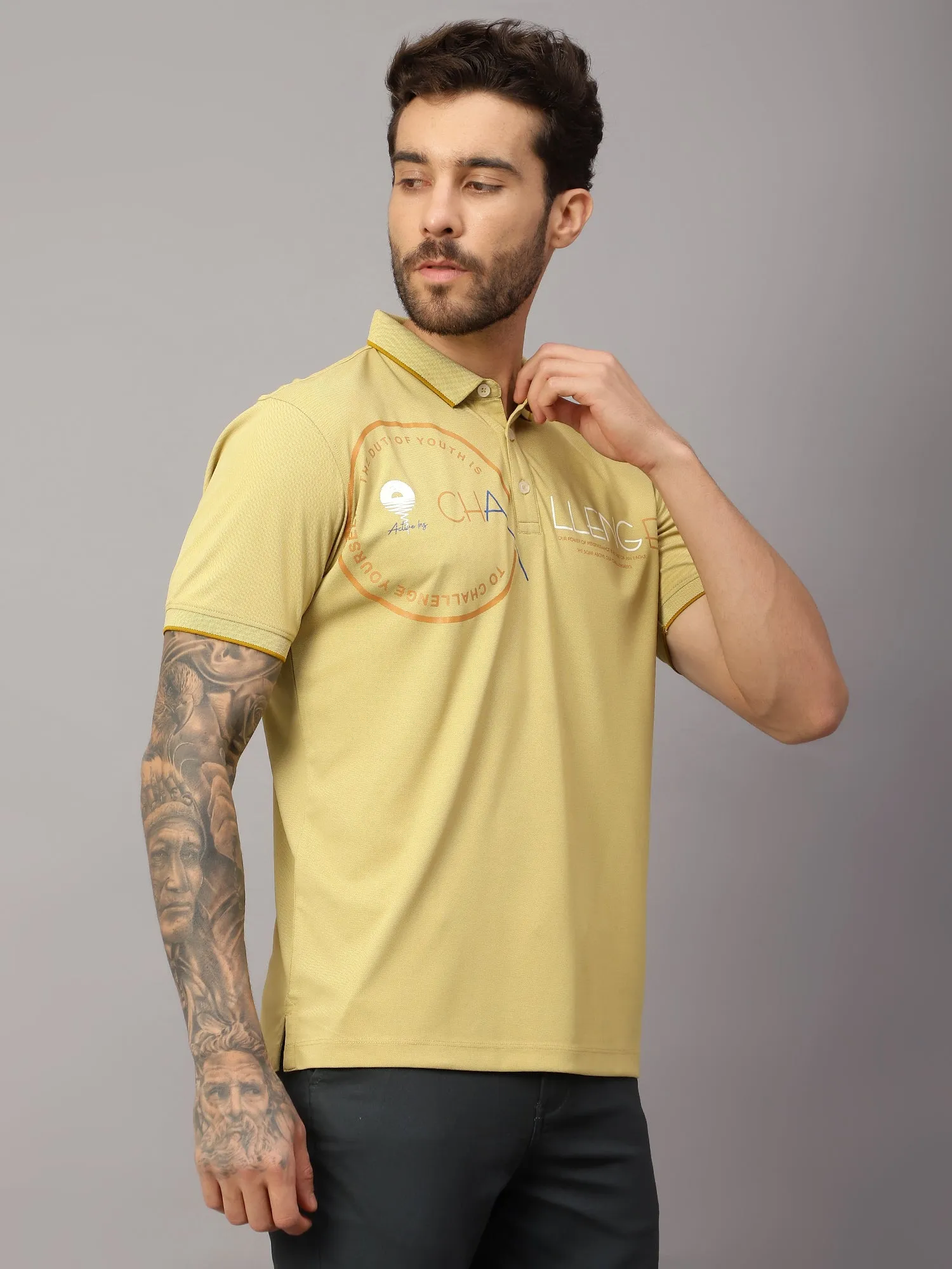 Men's Yellow  Polo neck Half Sleeve T-Shirt with Typographic print