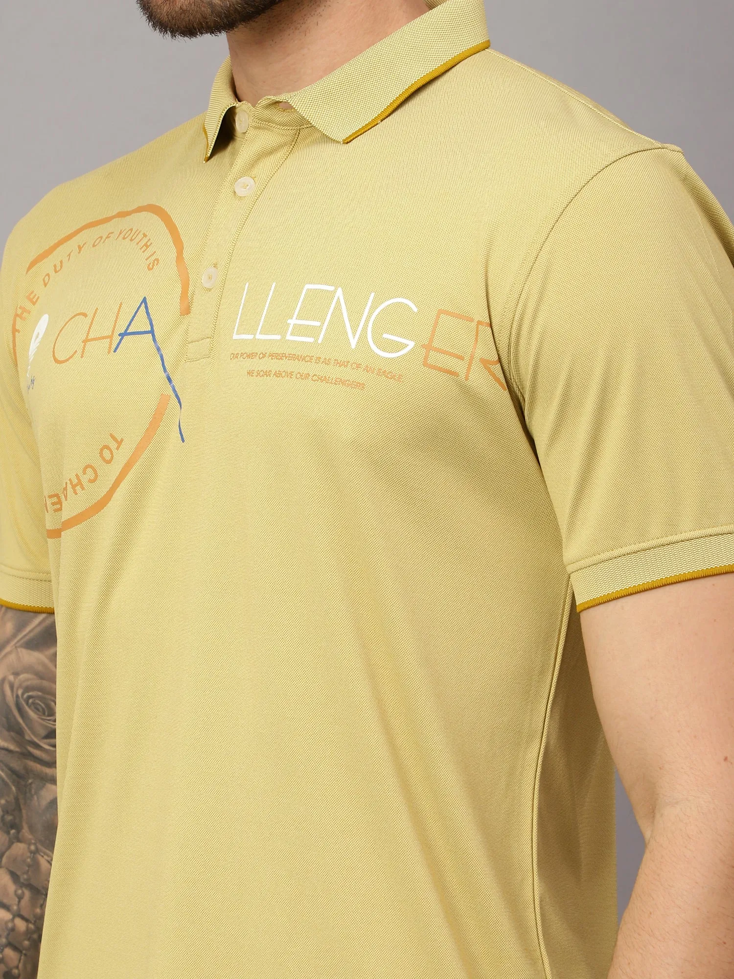 Men's Yellow  Polo neck Half Sleeve T-Shirt with Typographic print