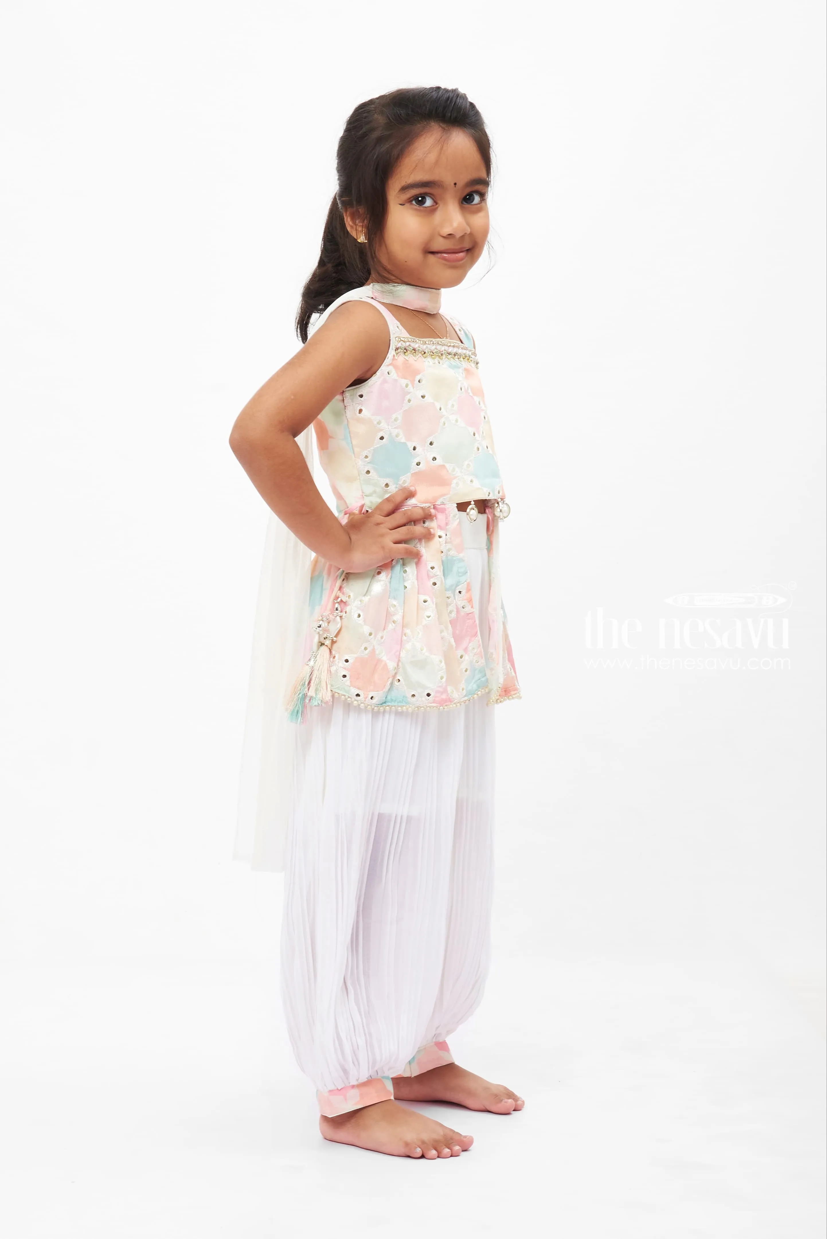 Pastel Embellished Kurti with Pants and Dupatta Set