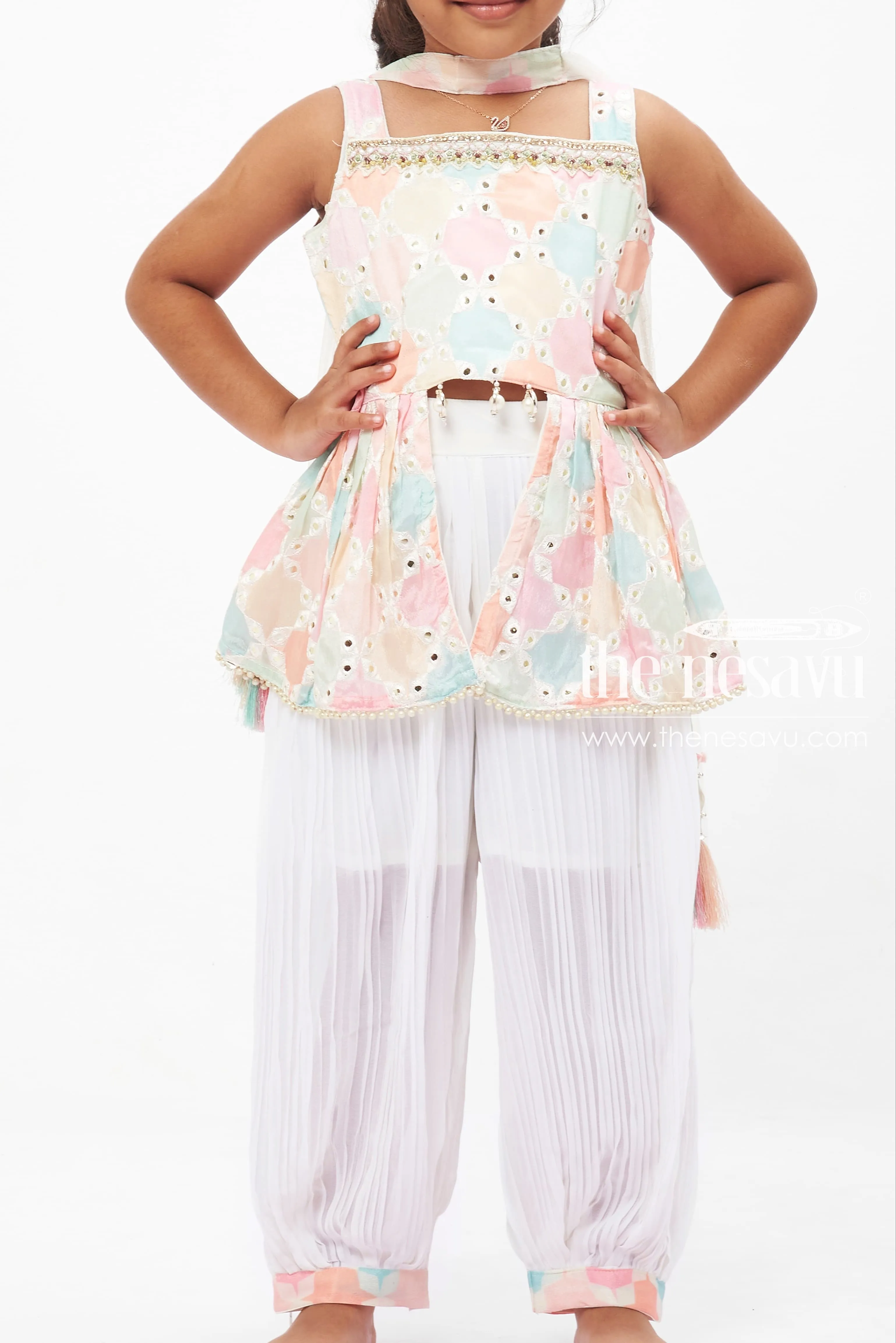 Pastel Embellished Kurti with Pants and Dupatta Set