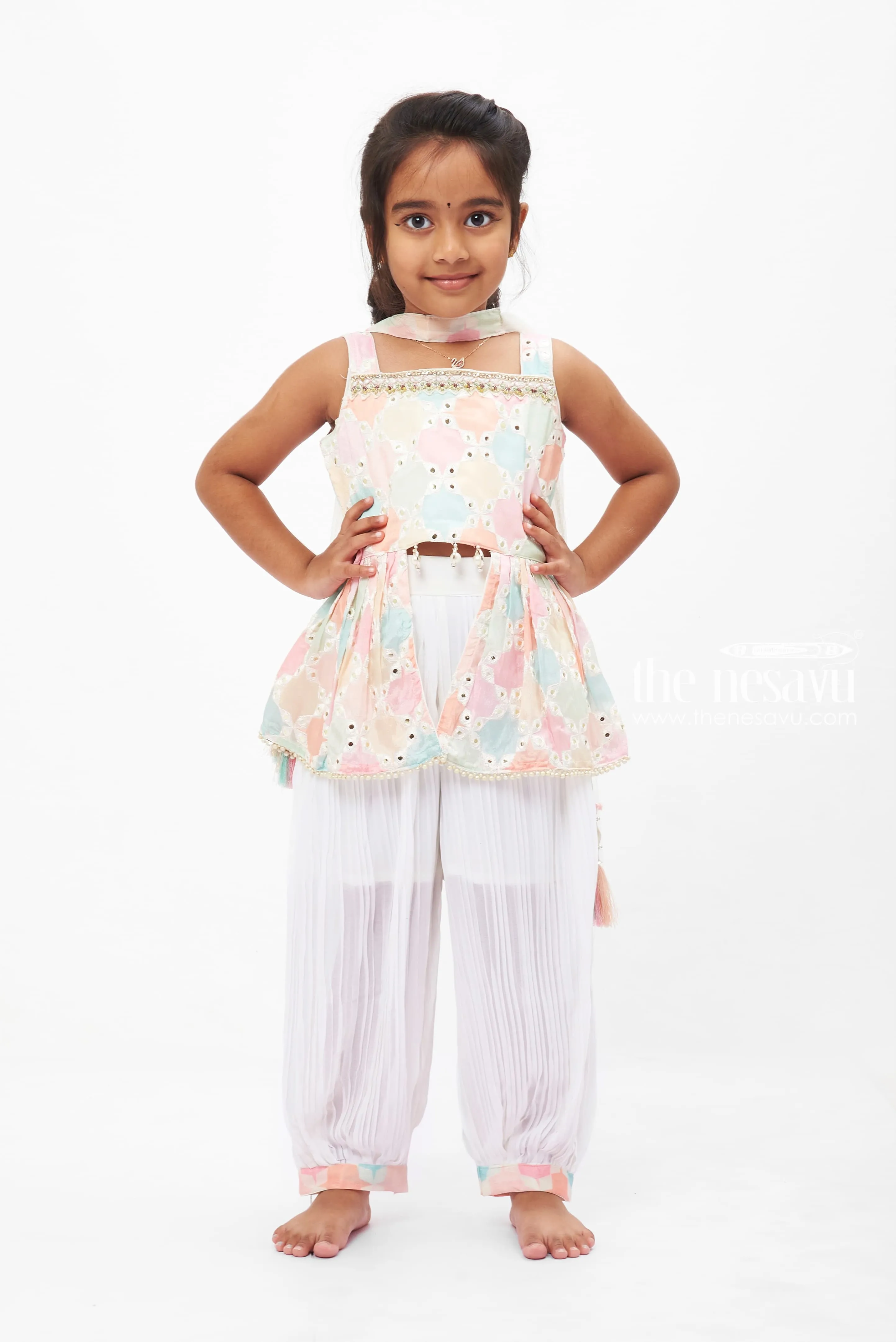 Pastel Embellished Kurti with Pants and Dupatta Set