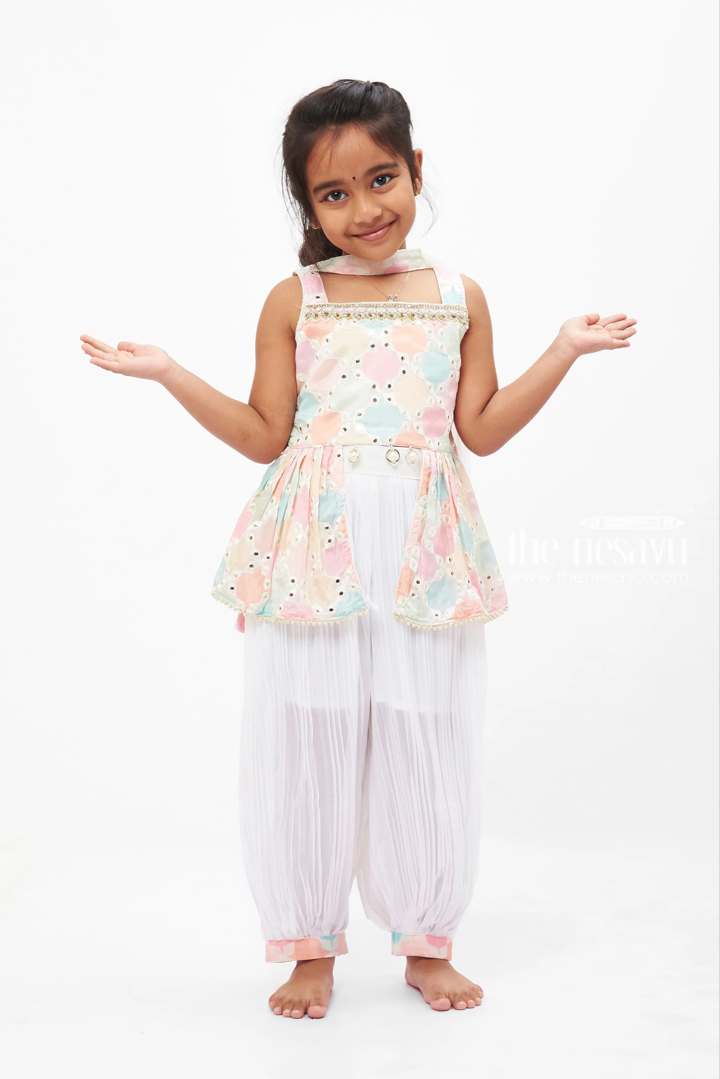 Pastel Embellished Kurti with Pants and Dupatta Set