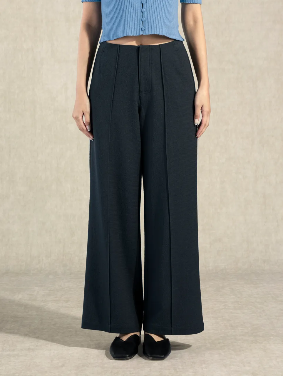 Pintuck Straight Leg Trousers Navy