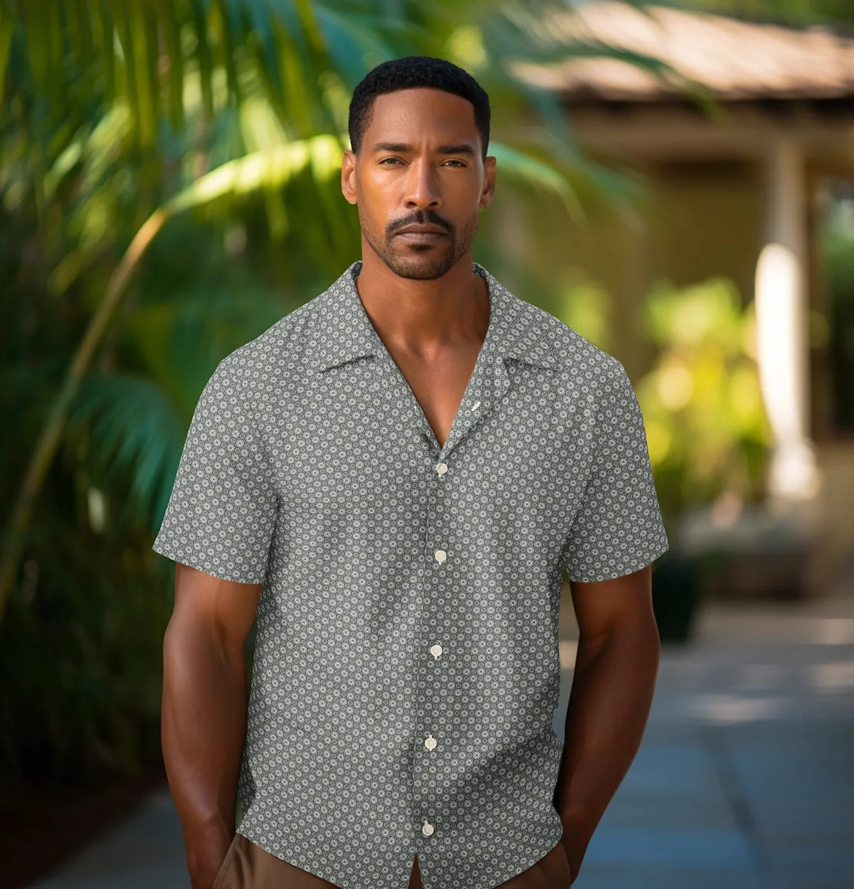 Pure Cotton - Camp Collar - Short Sleeve - Light Gray Floral Maze