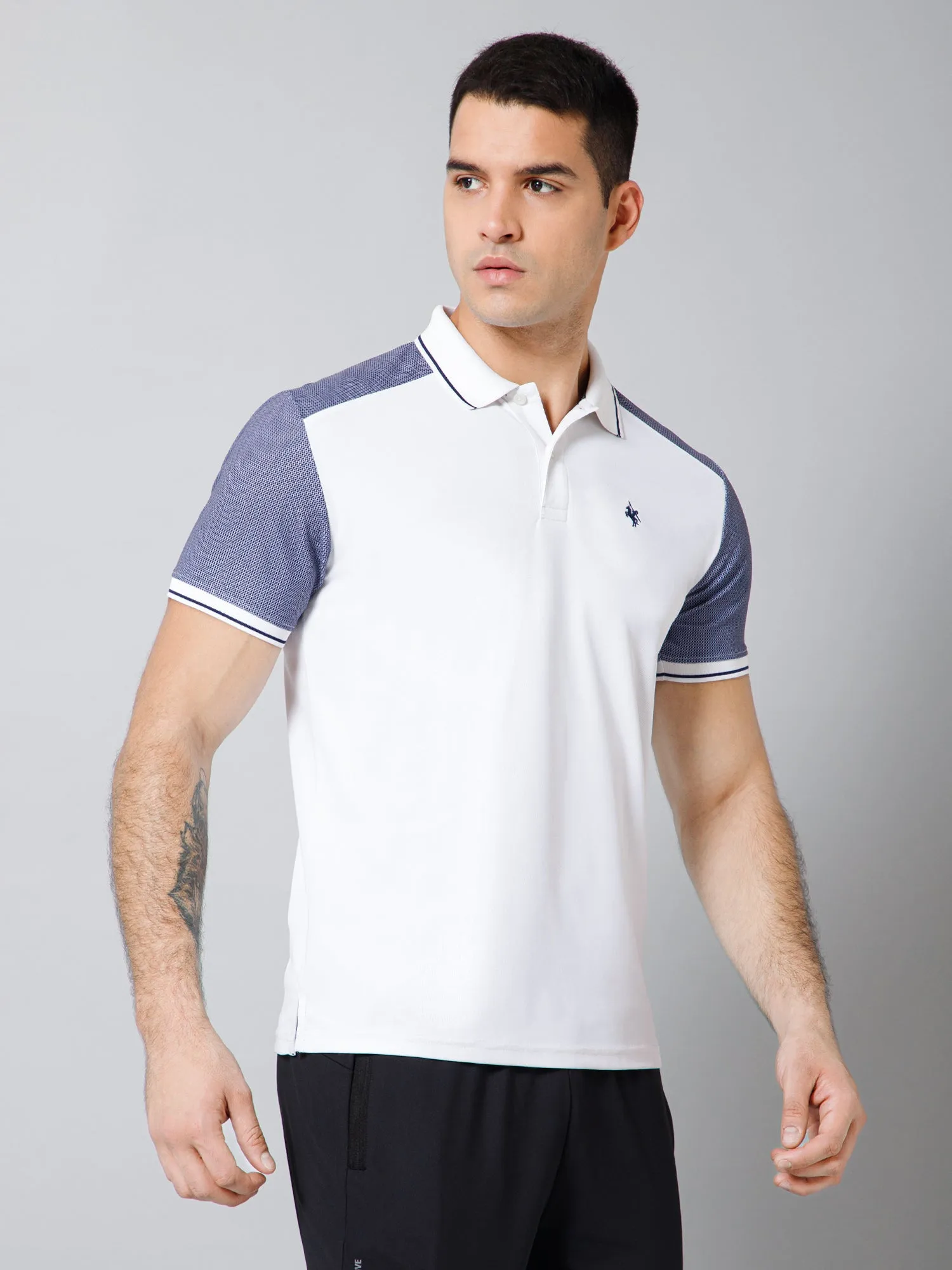 Regular Fit Solid Polo Neck Half Sleeve White Active Wear T-Shirt for Men