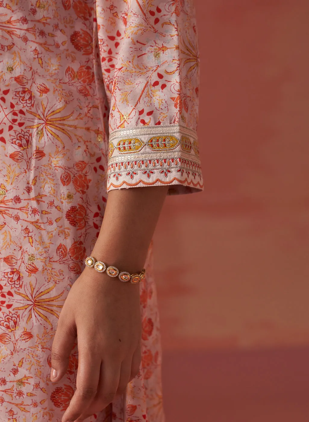 Rumaisa Orange Printed Chanderi Jacquard A-Line Zari Embroidery Co-ord Set