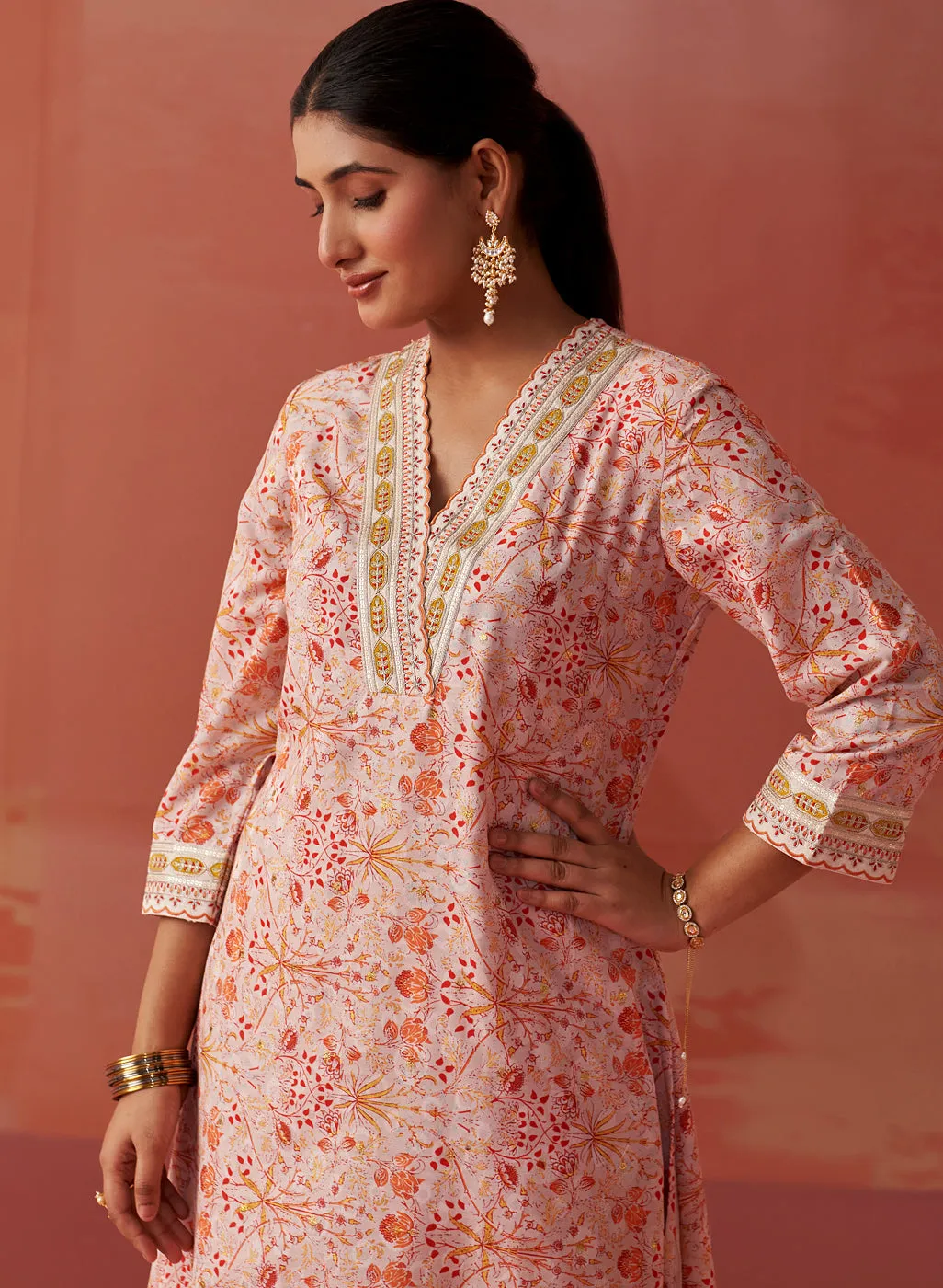 Rumaisa Orange Printed Chanderi Jacquard A-Line Zari Embroidery Co-ord Set
