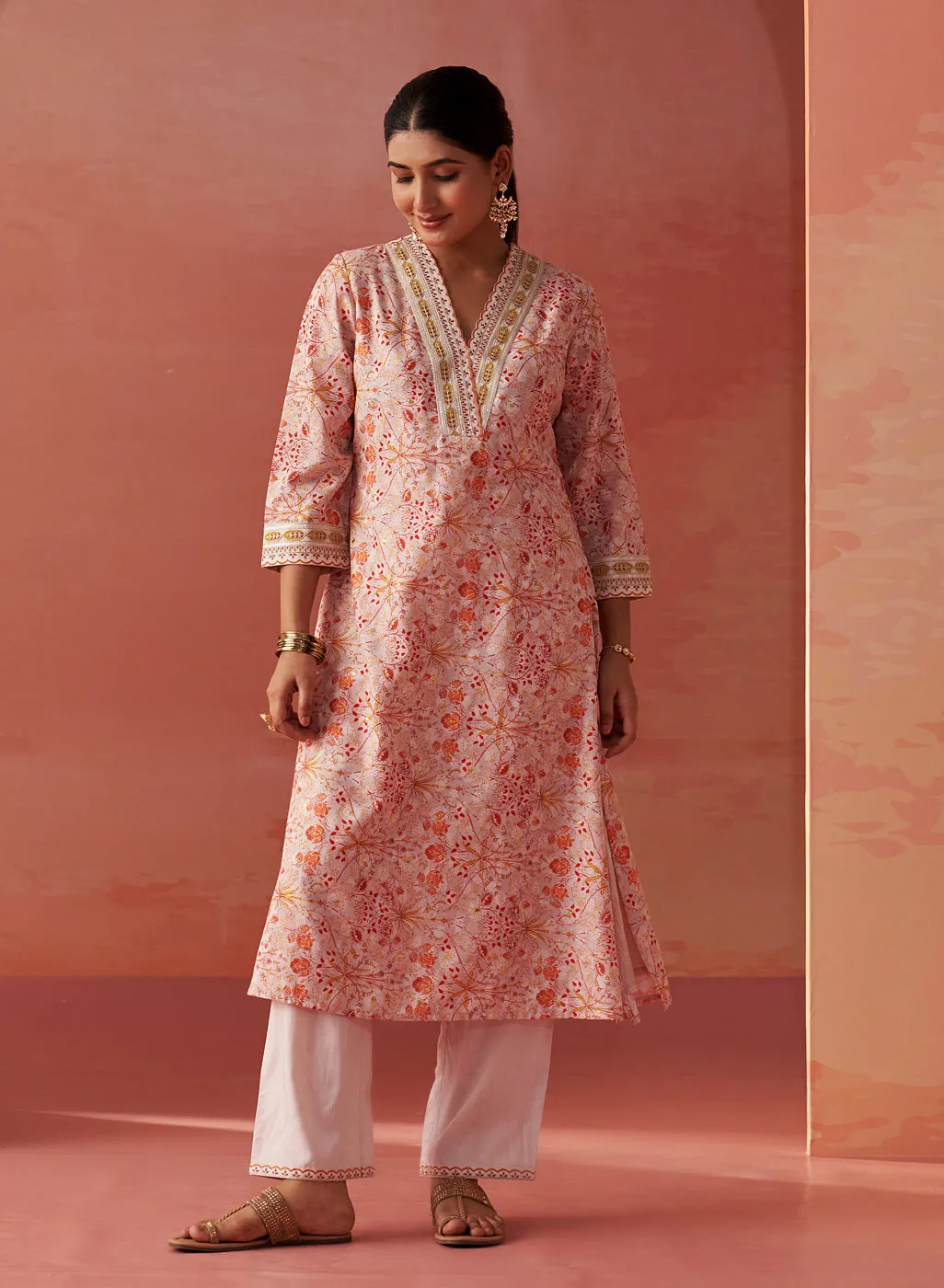 Rumaisa Orange Printed Chanderi Jacquard A-Line Zari Embroidery Co-ord Set