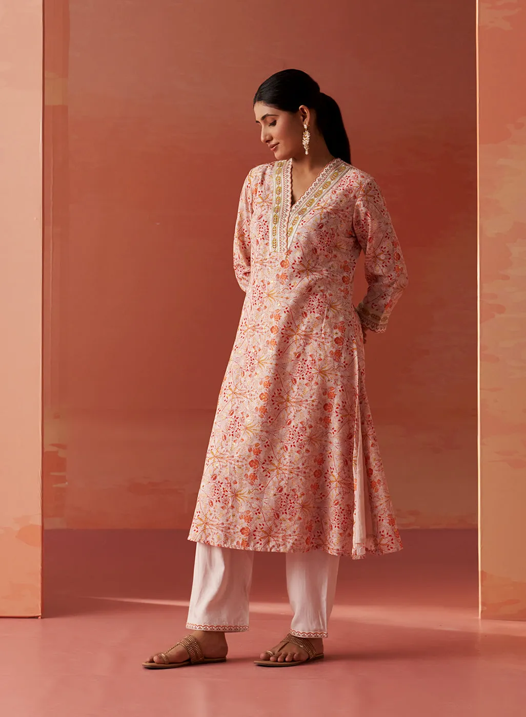 Rumaisa Orange Printed Chanderi Jacquard A-Line Zari Embroidery Co-ord Set