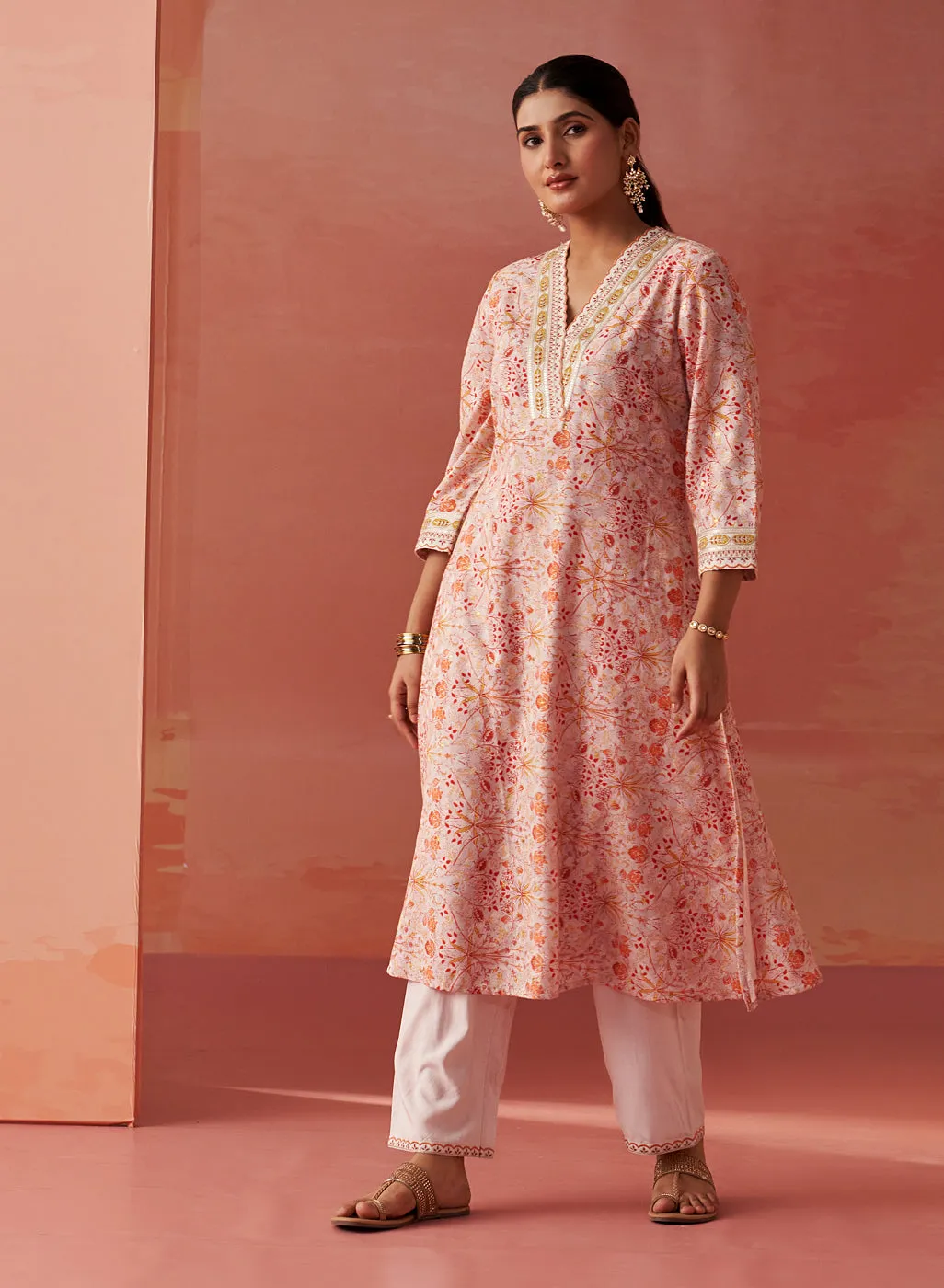 Rumaisa Orange Printed Chanderi Jacquard A-Line Zari Embroidery Co-ord Set